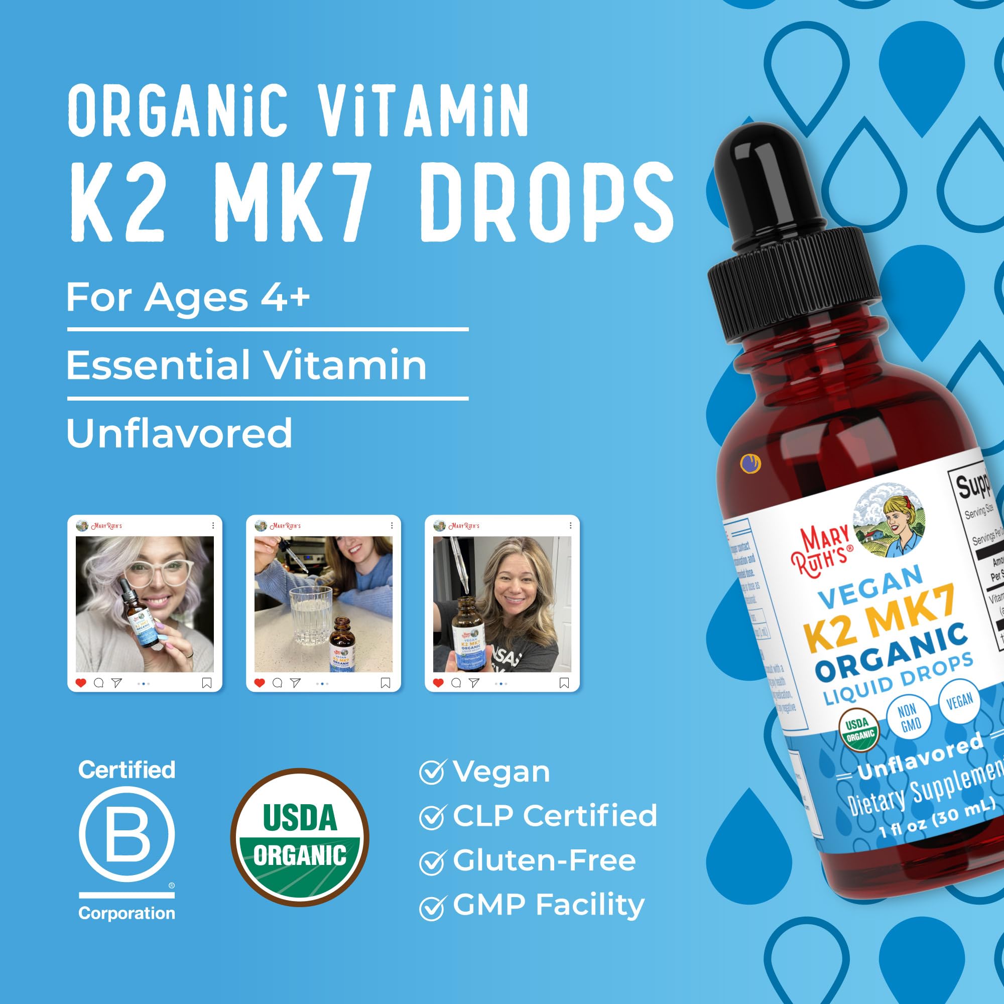 MaryRuth’s USDA Organic Vitamin K2 MK7 Liquid Drops for Adults & Kids | Sourced from Natto | Menaquinone- 7 | Vegan K2 Vitamin for Bone Health & Calcium Absorption | 1oz | Up to 90 Servings MARYRUTH'S uk supplements
