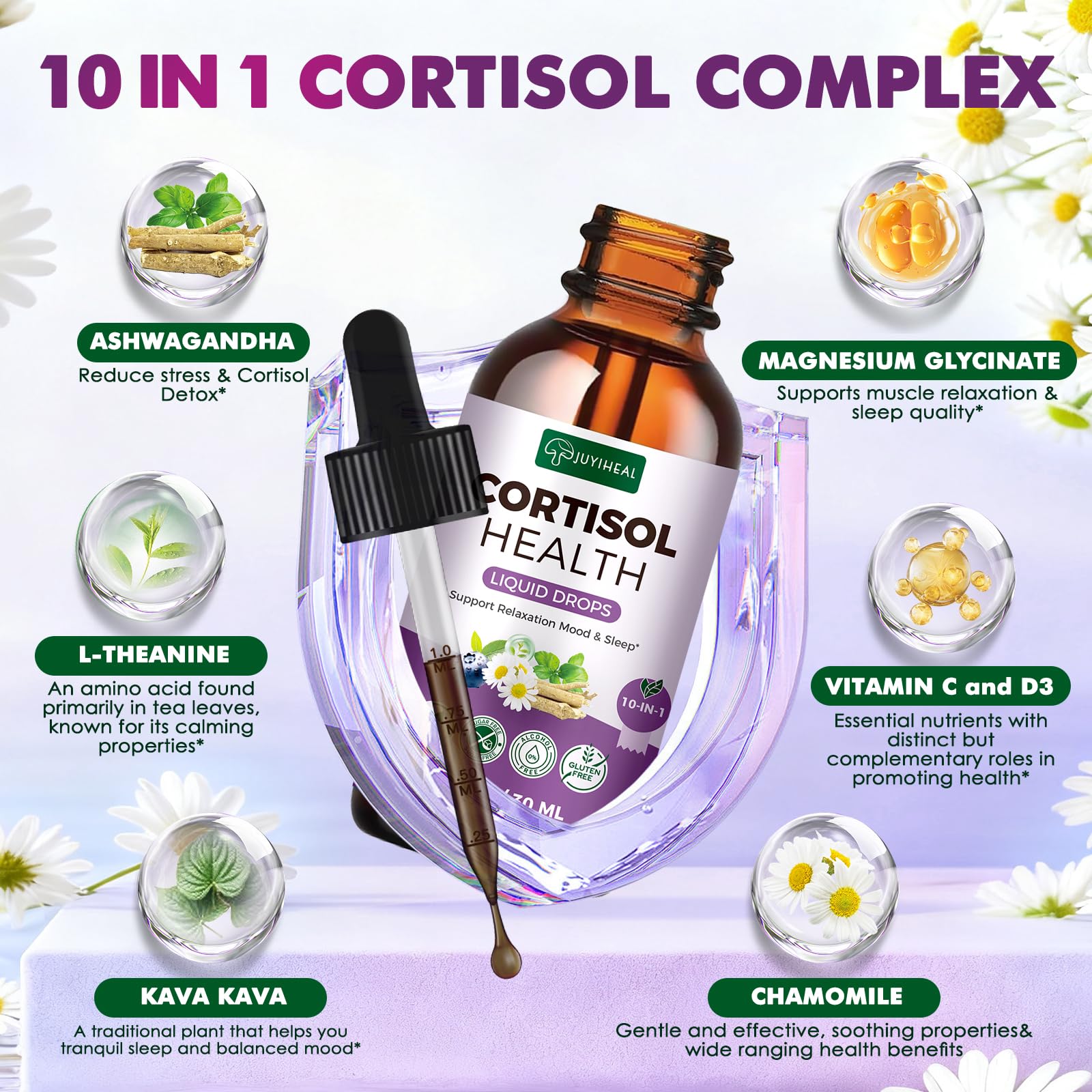 JUYIHEAL Cortisol Supplements, 10 in 1 Cortisol Detox Manager Reducer Hormone Balance Liquid Drops with Ashwagandha, Magnesium, L-theanine JUYIHEAL uk supplements
