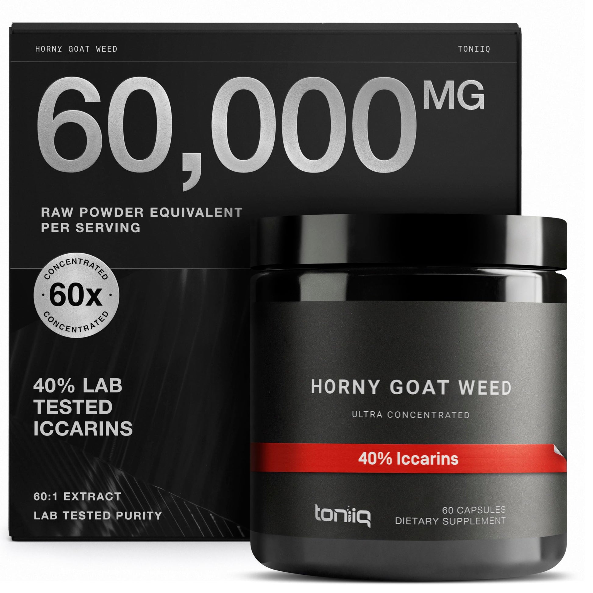 Super Strength Horny Goat Weed for Men & Women 60,000mg - Epimedium sagittatum - 40% Icariins - 60: 1 Concentrated Extract from 1000mg Formula - 3P tested - Premium hornygoatweed for Men - 60 Caps Toniiq uk supplements