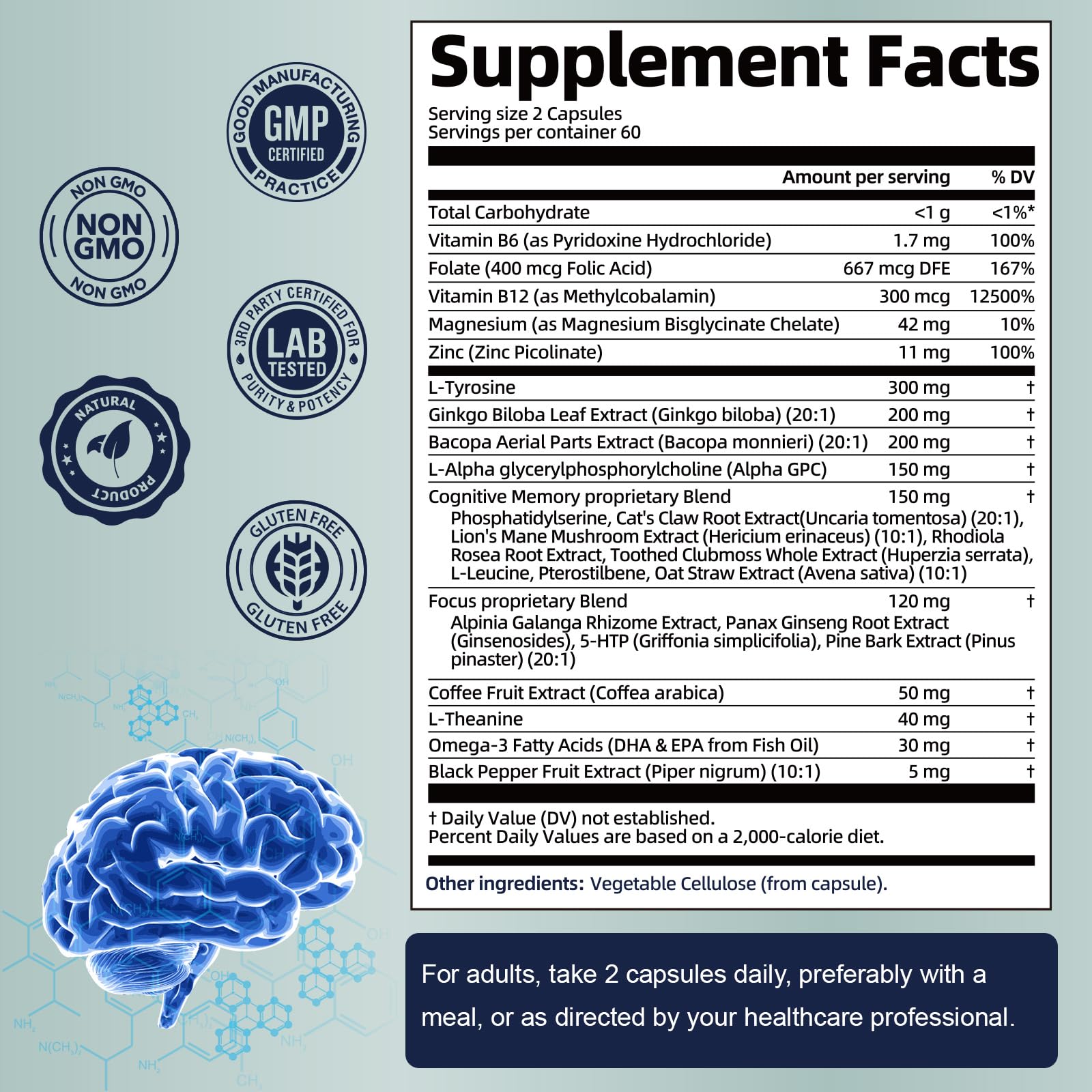 Totaria C-ognitive with Caffeine Pills, L-Tyrosine, Alpha GPC, Ginkgo Biloba, Bacopa Monnieri Brain Supplement for Memory and Focus, Brain Nootropic Support - Non-GMO, Gluten Free (2 Packs) Totaria uk supplements