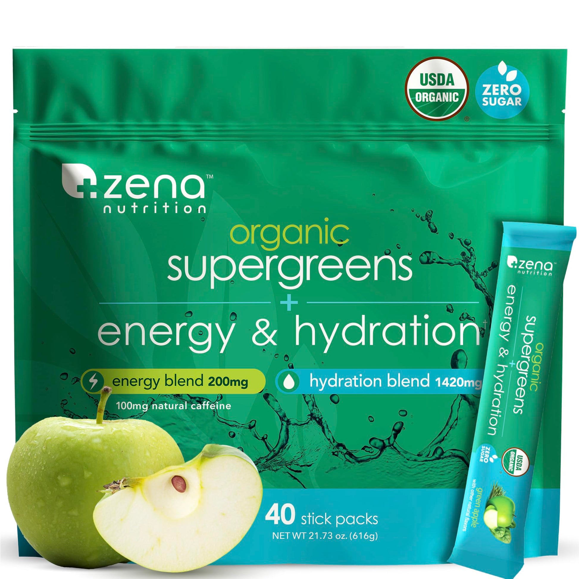 Zena Nutrition Organic Super Greens Energy & Hydration Powder, 70+ Superfoods, 0 Sugar, 5G Fiber, Spirulina, Chlorella, Prebiotics/Probiotics, Natural Caffeine + Electrolytes, 40 Drink Mix Packets Zena Nutrition uk supplements