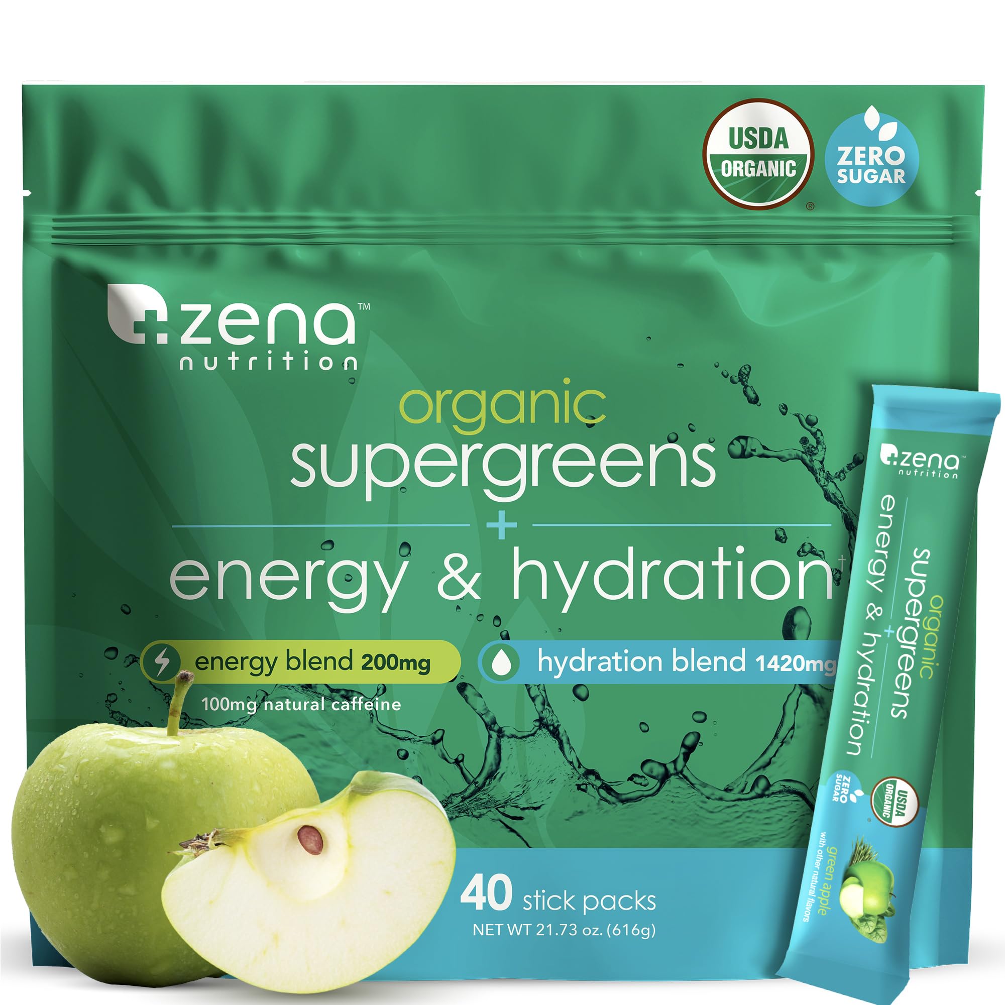 Zena Nutrition Organic Super Greens Energy & Hydration Powder, 70+ Superfoods, 0 Sugar, 5G Fiber, Spirulina, Chlorella, Prebiotics/Probiotics, Natural Caffeine + Electrolytes, 40 Drink Mix Packets Zena Nutrition uk supplements