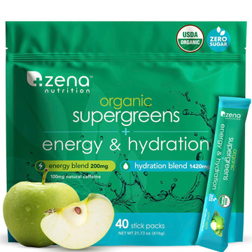 Zena Nutrition Organic Super Greens Energy & Hydration Powder, 70+ Superfoods, 0 Sugar, 5G Fiber, Spirulina, Chlorella, Prebiotics/Probiotics, Natural Caffeine + Electrolytes, 40 Drink Mix Packets Zena Nutrition uk supplements
