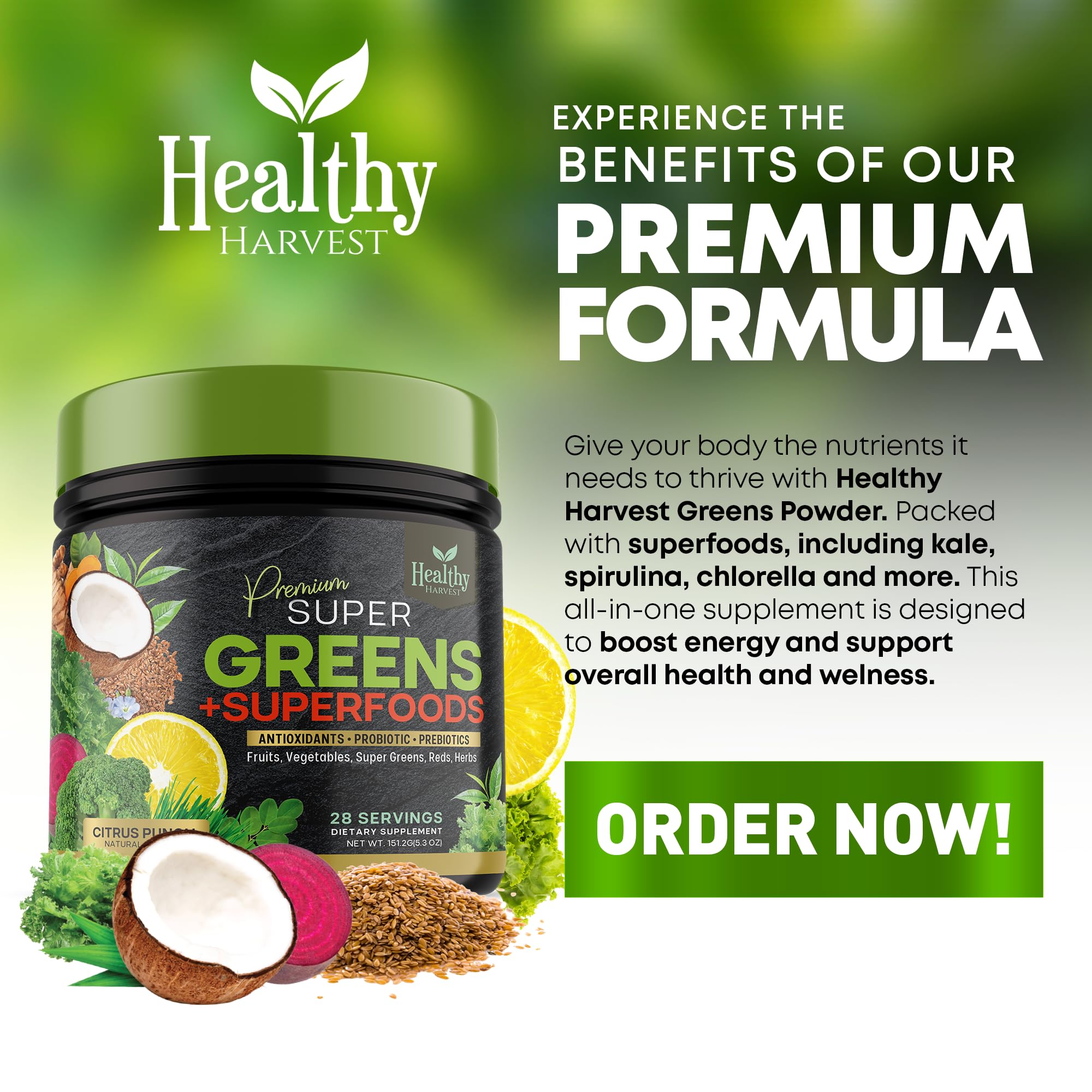 Greens Powder Superfood Supplement - Super Green Reds Smoothie Mix Blend with Spirulina Healthy Harvest Nutrition uk supplements