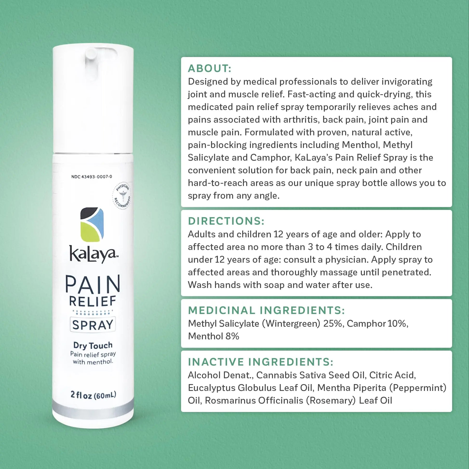 Kalaya Pain Relief Spray - Fast-Acting, Quick-Drying Muscle Rub for Joint Pain Relief and Muscle Pain - with Eucalyptus, Menthol, Methyl Salicylate, Camphor - Ideal for Easing Back Pain - 2 oz Kalaya Naturals uk supplements