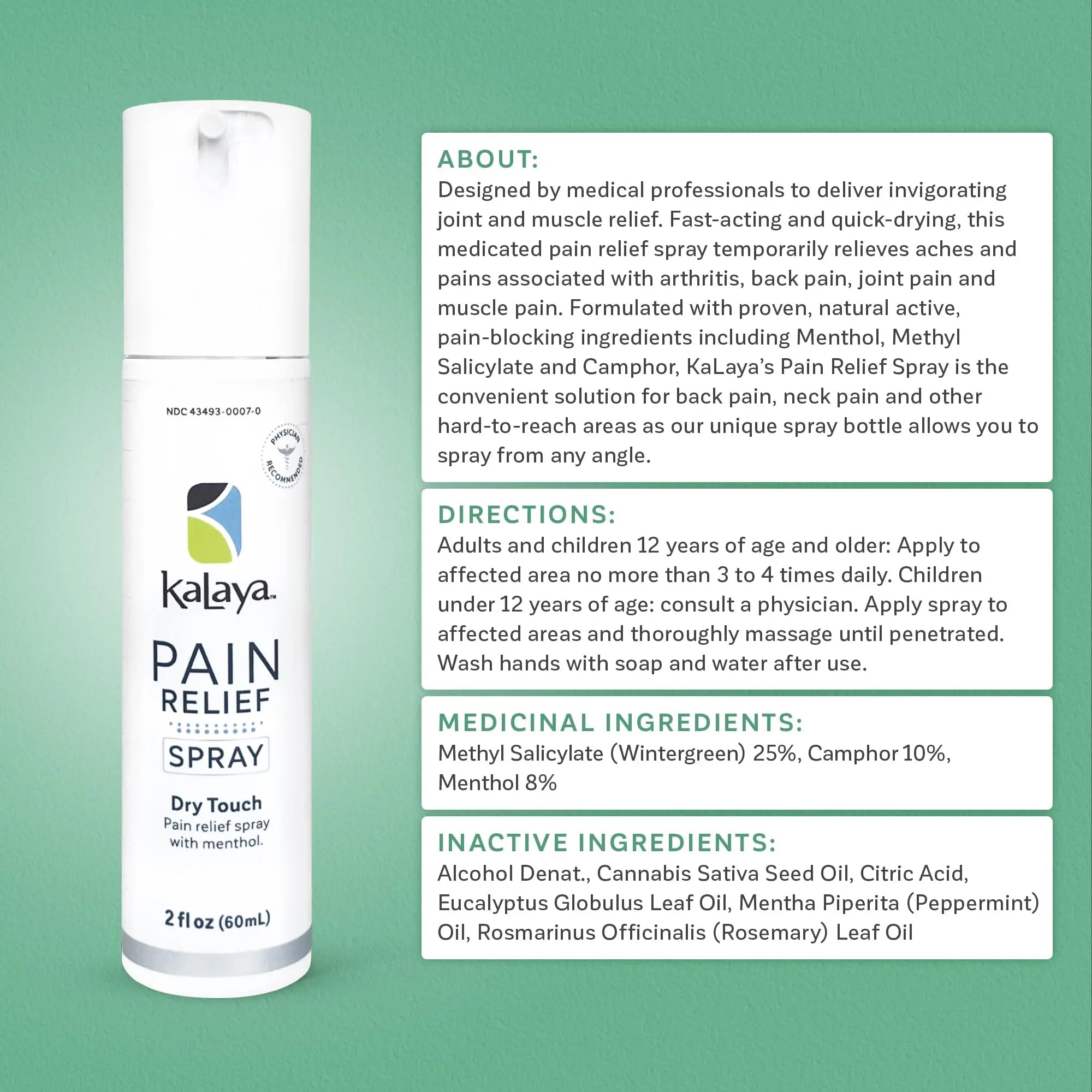 Kalaya Pain Relief Spray - Fast-Acting, Quick-Drying Muscle Rub for Joint Pain Relief and Muscle Pain - with Eucalyptus, Menthol, Methyl Salicylate, Camphor - Ideal for Easing Back Pain - 2 oz Kalaya Naturals uk supplements