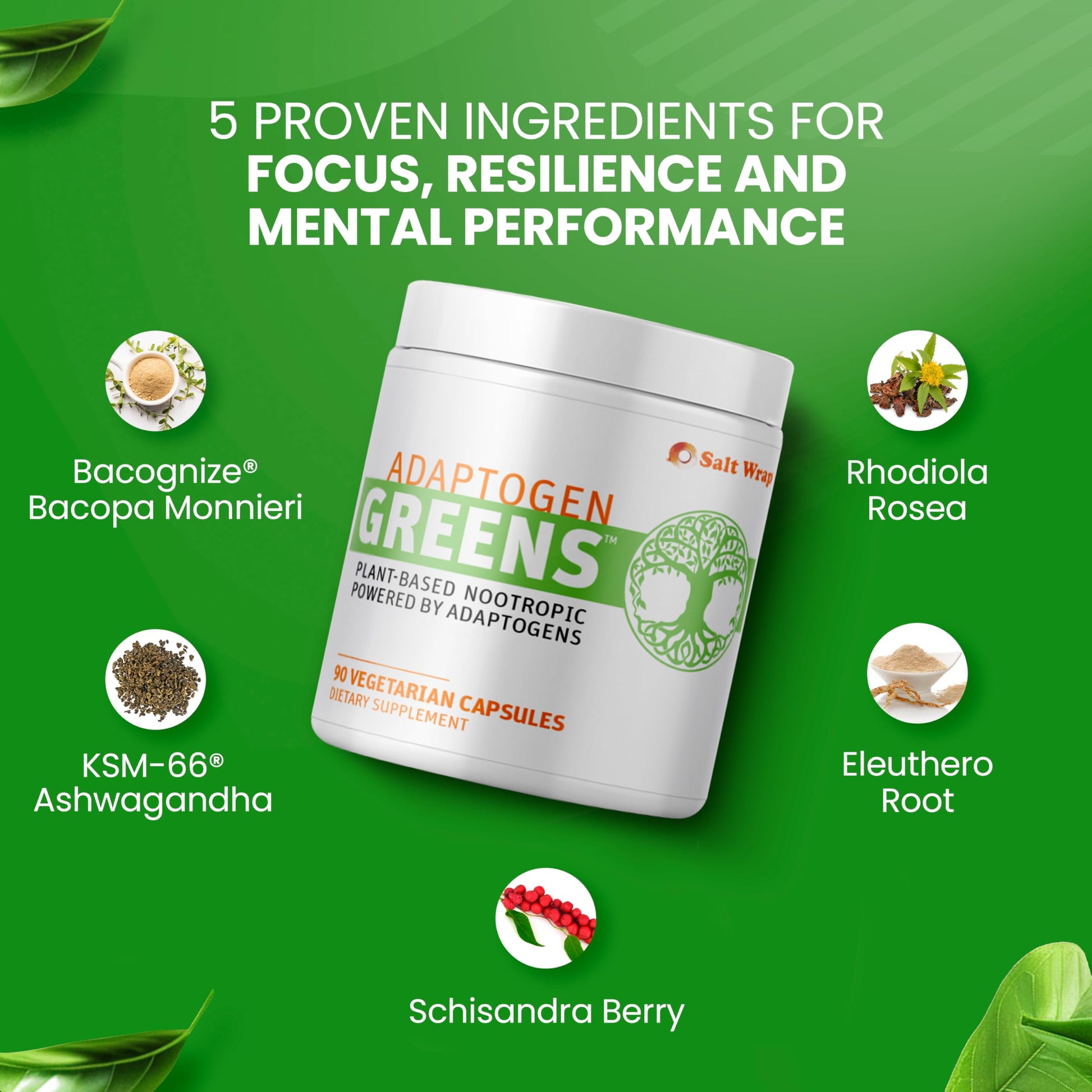 SaltWrap Adaptogen Greens - Mind-Body Resilience Formula - Caffeine-Free Nootropic for Stress, Focus, and Cognitive Performance - 90 Capsules SaltWrap uk supplements