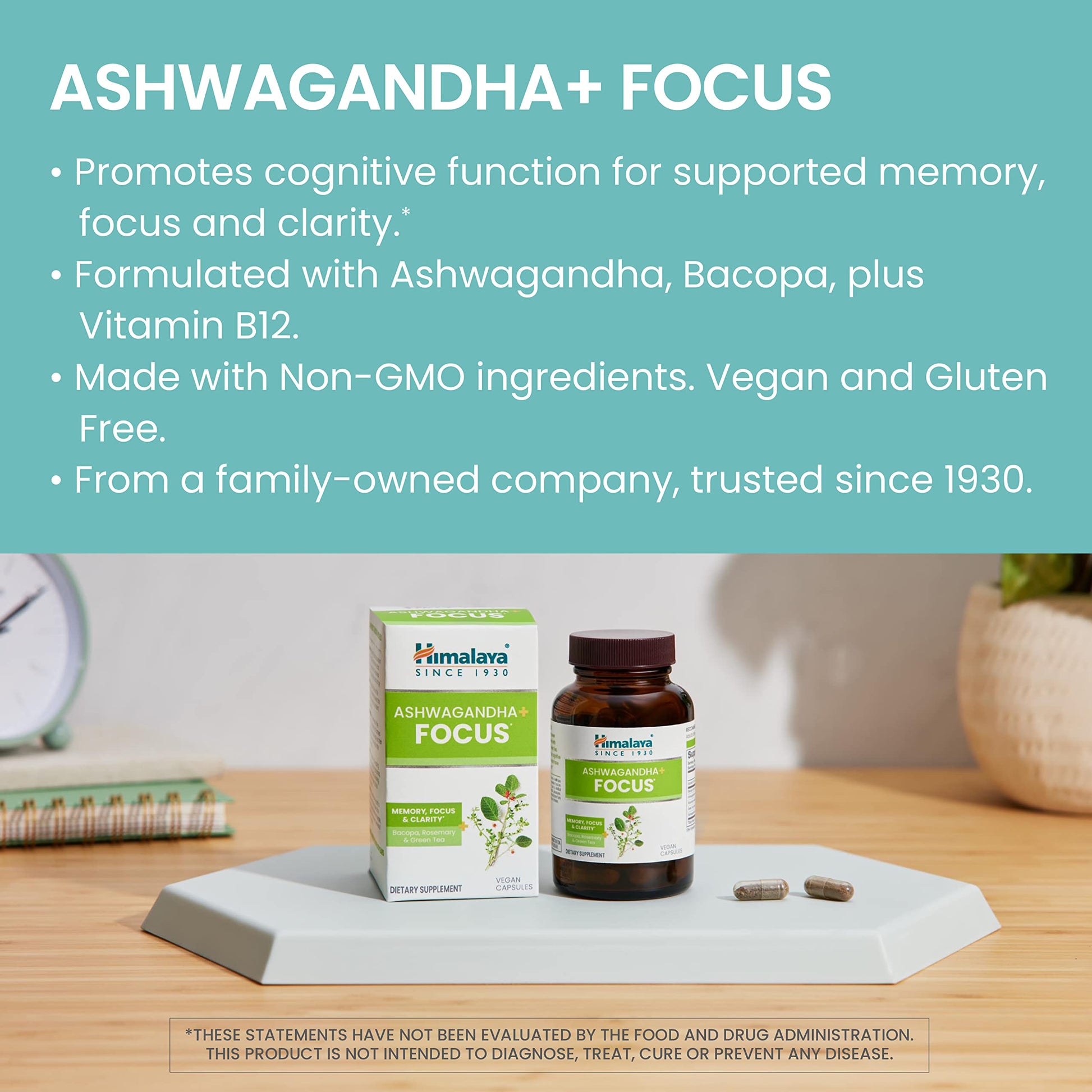 Himalaya Ashwagandha+ Focus - Herbal Focus Supplement with B12, Rosemary, Green Tea, and Bacopa Nootropics for Memory and Clarity - Vegan, Non-GMO, Gluten Free, 1690 mg, 60 Caplets Himalaya uk supplements