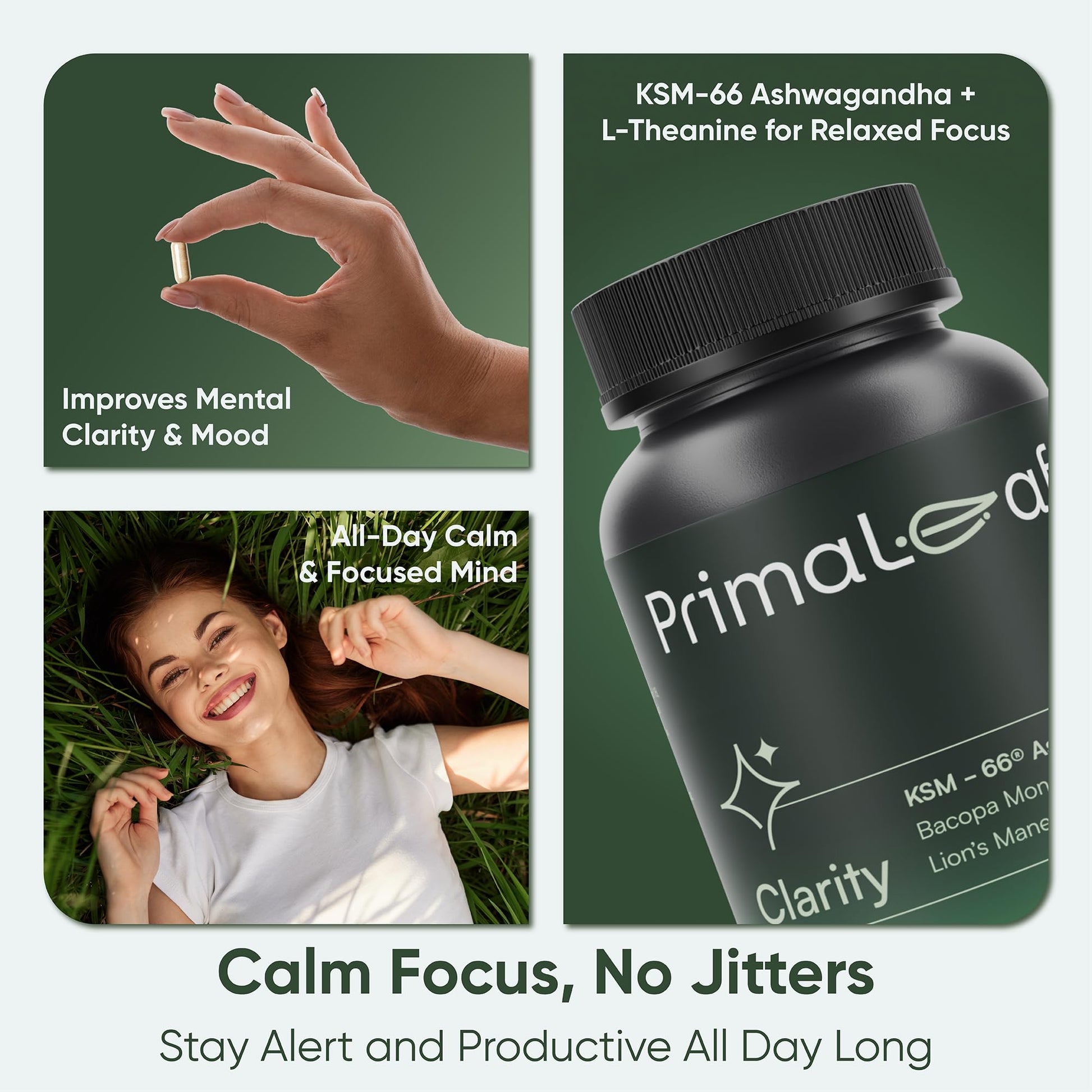 PrimaLeaf Clarity Nootropics Brain Supplement for Focus, Memory, & Stress Relief | Natural Nootropic with KSM66 Ashwagandha, Lions Mane, Bacopa, L Theanine | Cognitive & Mood Support | 60 Veg Capsules PrimaLeaf uk supplements