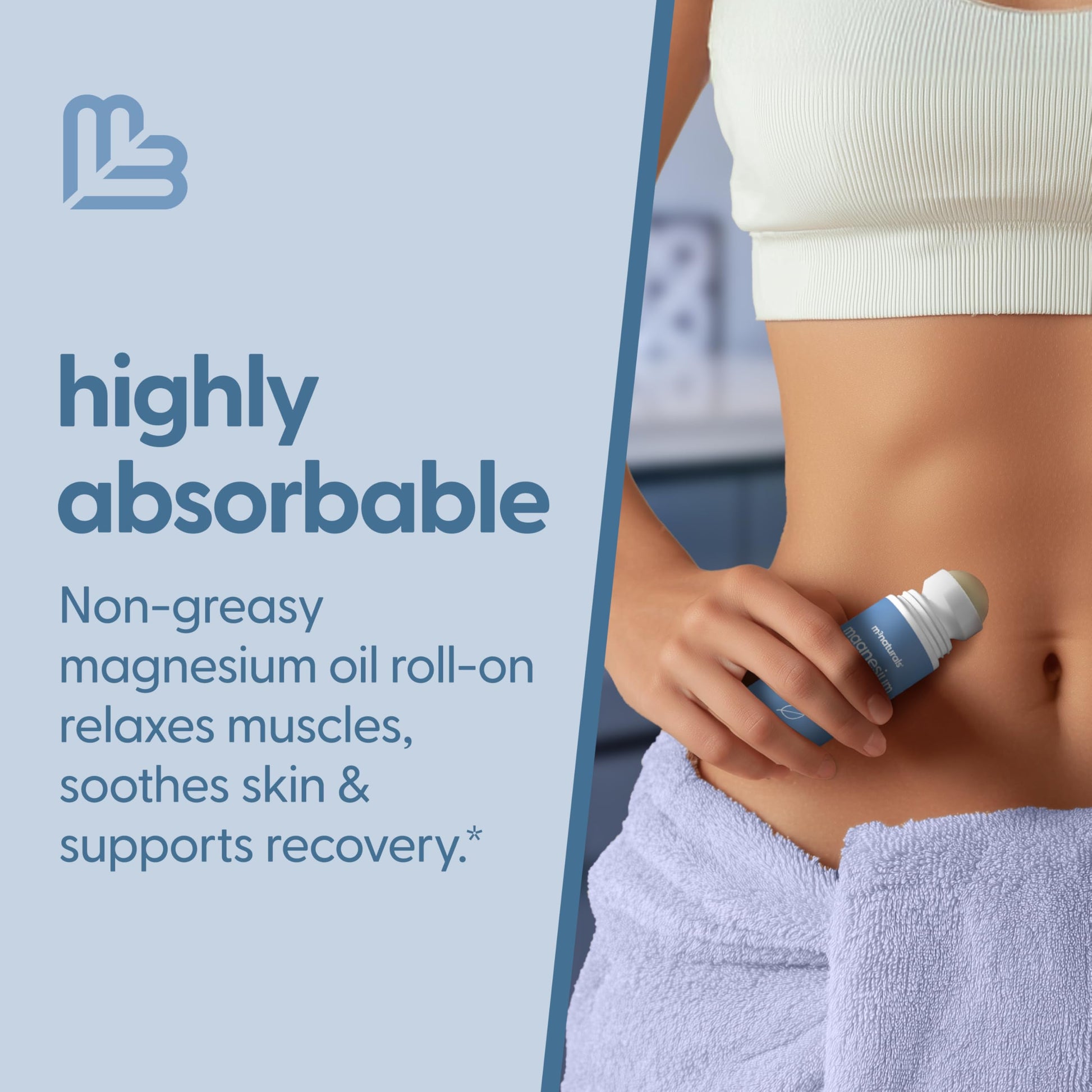 Magnesium Roll On for Adults & Kids, Easy Application for Sore Muscles, Feet, Joints and Leg Cramps, Helps with Sleeping and Post-Workout Recovery, for Sensitive Skin, 3 fl oz, by M3 M3 Naturals uk supplements