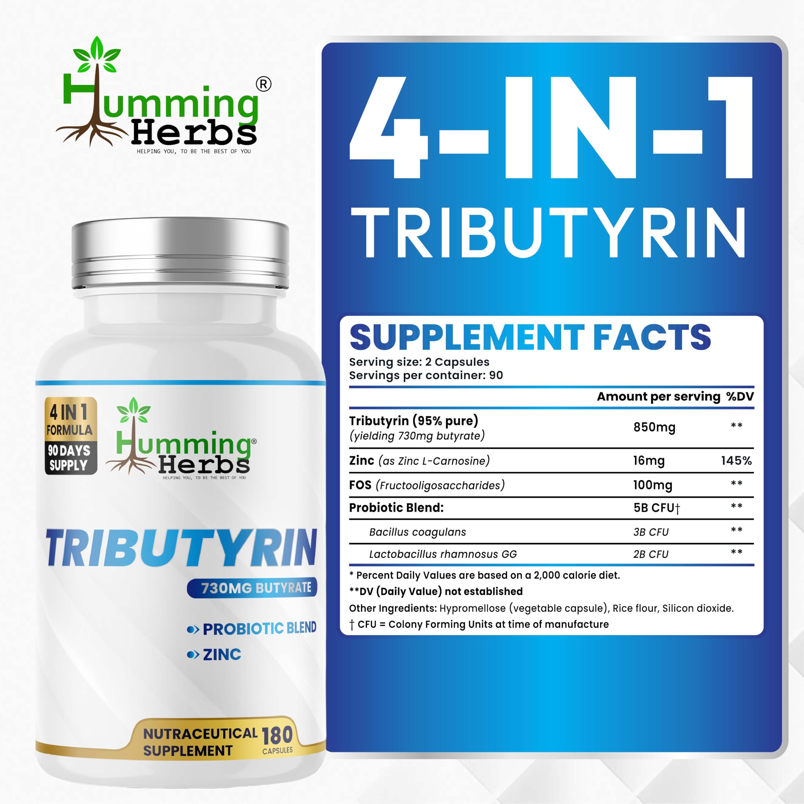 Humming Herbs Tributyrin Complex — 850 mg per Serving (95% Pure, yielding 731 mg Butyrate) with L-Glutamine, Zinc L-Carnosine, FOS & Probiotic Blend (180) Humming Herbs uk supplements