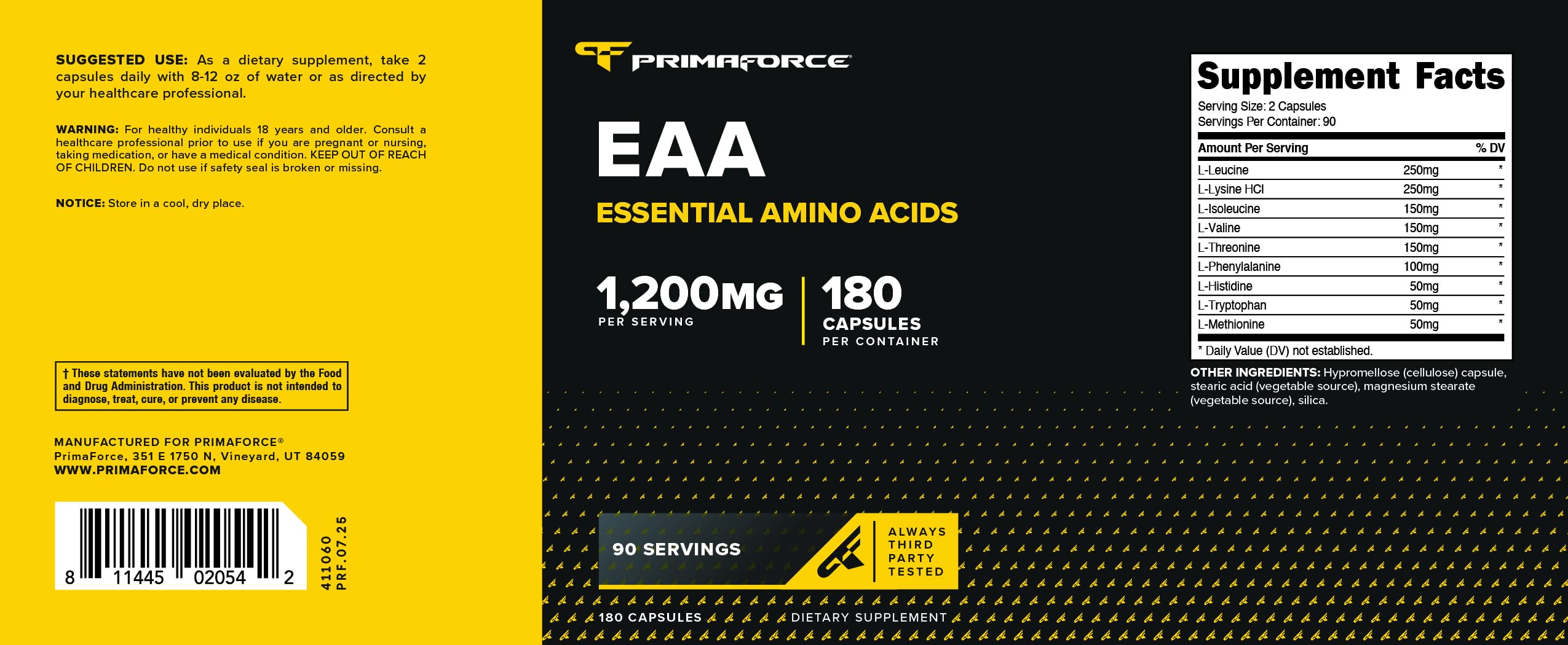 Primaforce EAA Capsules 1200mg, 180 Capsules, 90 Servings - Essential Amino Acids - Non-GMO, Gluten Free & Vegitarian Friendly Primaforce uk supplements