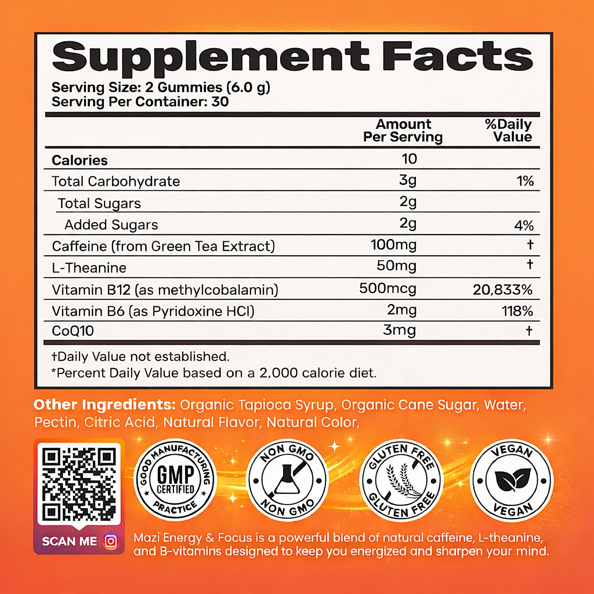 Energy & Focus Gummies | 100mg Natural Caffeine + L-Theanine + Vitamin B6 & B12 + CoQ10 | Nootropic Cognitive Brain Performance Supplement | No Crash or Jitters MAZI uk supplements