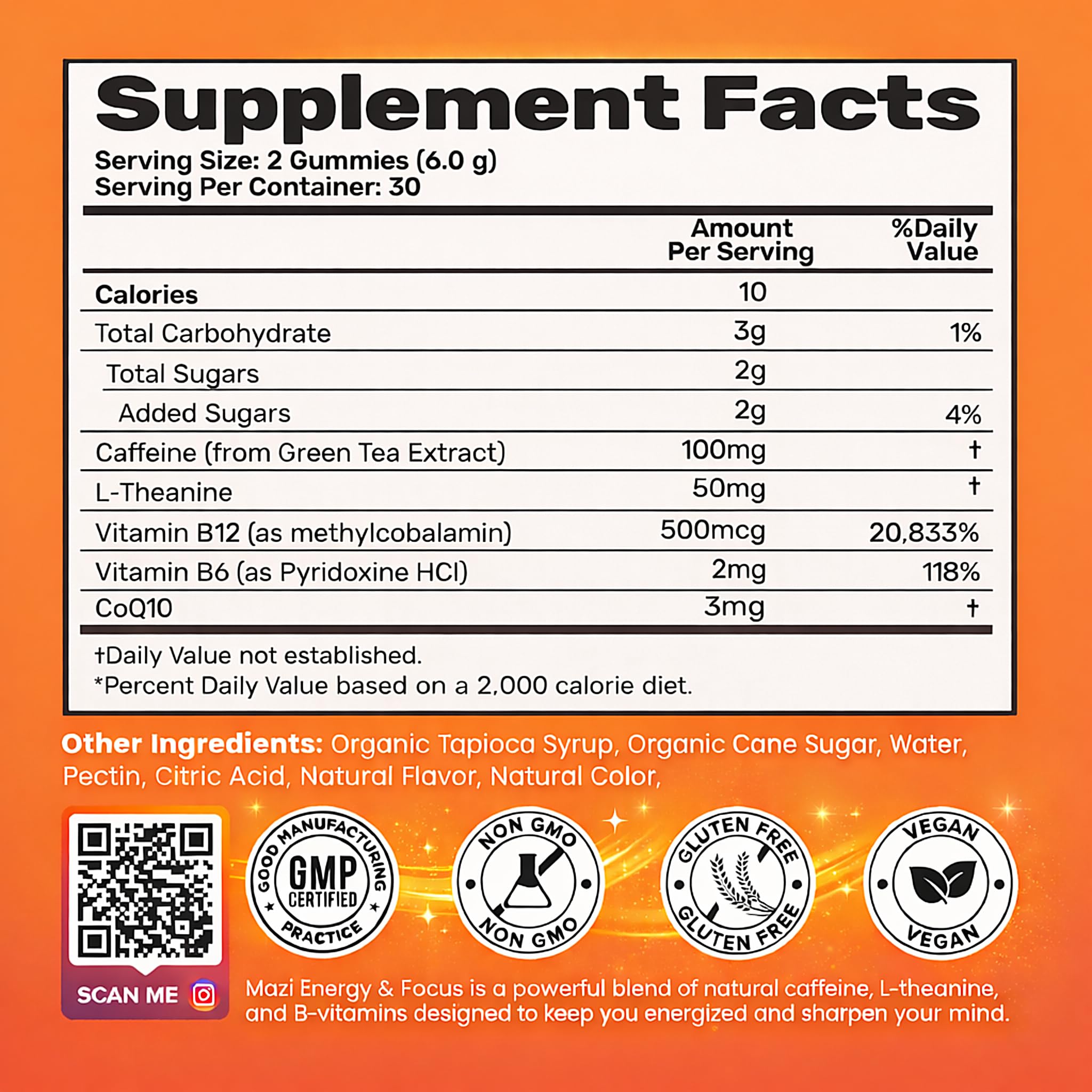 Energy & Focus Gummies | 100mg Natural Caffeine + L-Theanine + Vitamin B6 & B12 + CoQ10 | Nootropic Cognitive Brain Performance Supplement | No Crash or Jitters MAZI uk supplements