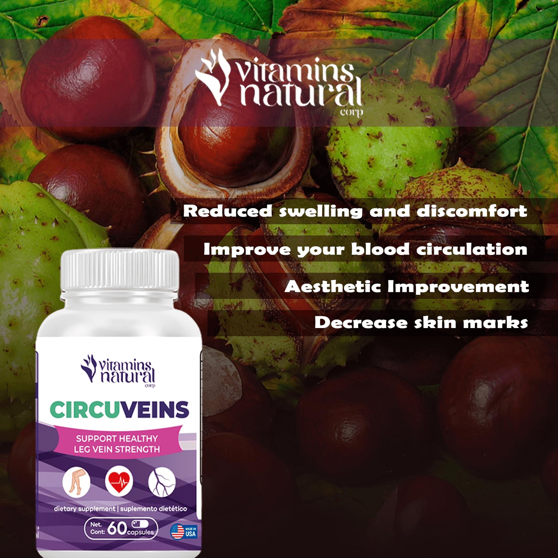 VITAMINS NATURAL CORP. CircuVeins Varicose Veins Support for Legs Capsules – Organic Vein Health Supplement with Horse Chestnut Grape Extract and Cayenne Pepper – 60 Capsules VITAMINS NATURAL CORP uk supplements
