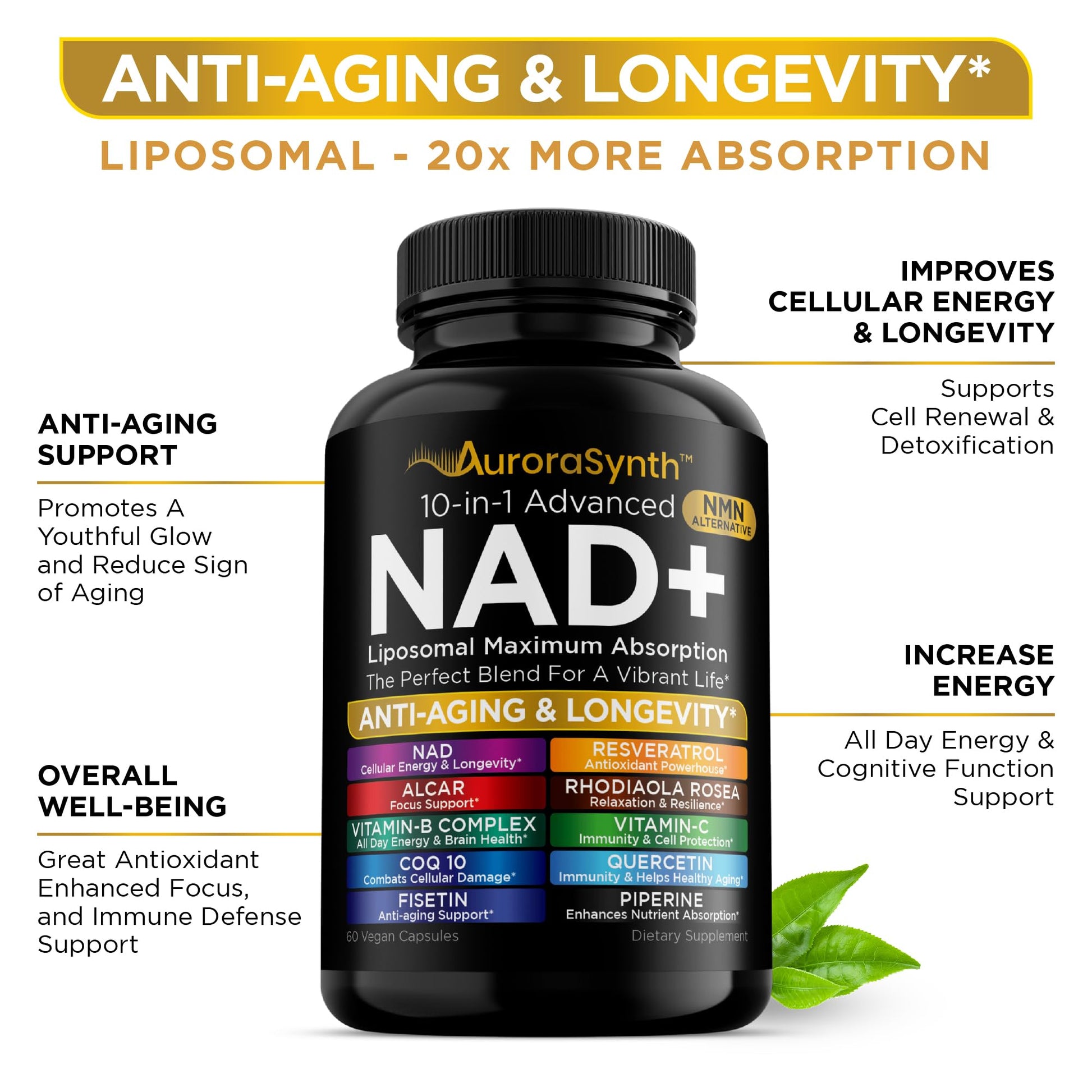 NAD+ Supplement Liposomal Capsules - Max Absorption for Cellular Energy, Healthy Aging, Brain Function & DNA Health - Vegan, Non-GMO, Gluten-Free Supplement - 60 Capsules - Supports NAD Levels AuroraSynth uk supplements