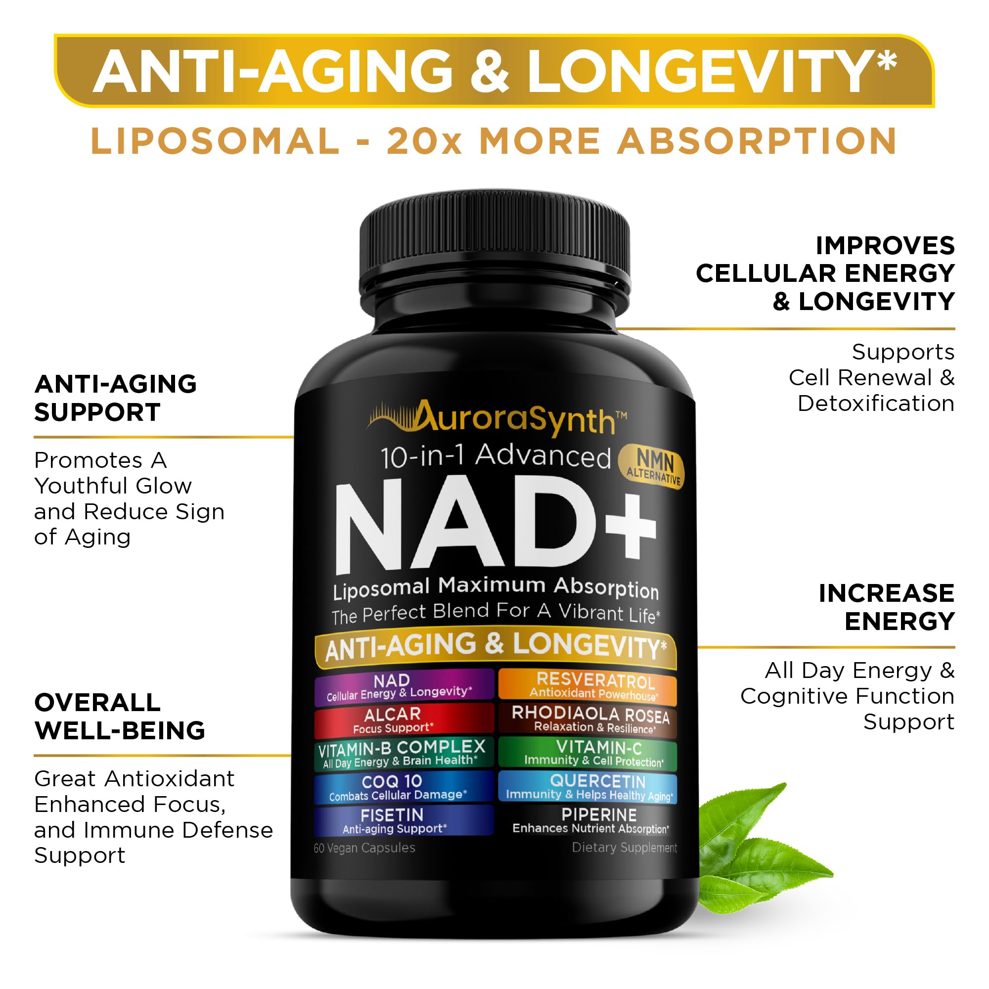 NAD+ Supplement Liposomal Capsules - Max Absorption for Cellular Energy, Healthy Aging, Brain Function & DNA Health - Vegan, Non-GMO, Gluten-Free Supplement - 60 Capsules - Supports NAD Levels AuroraSynth uk supplements