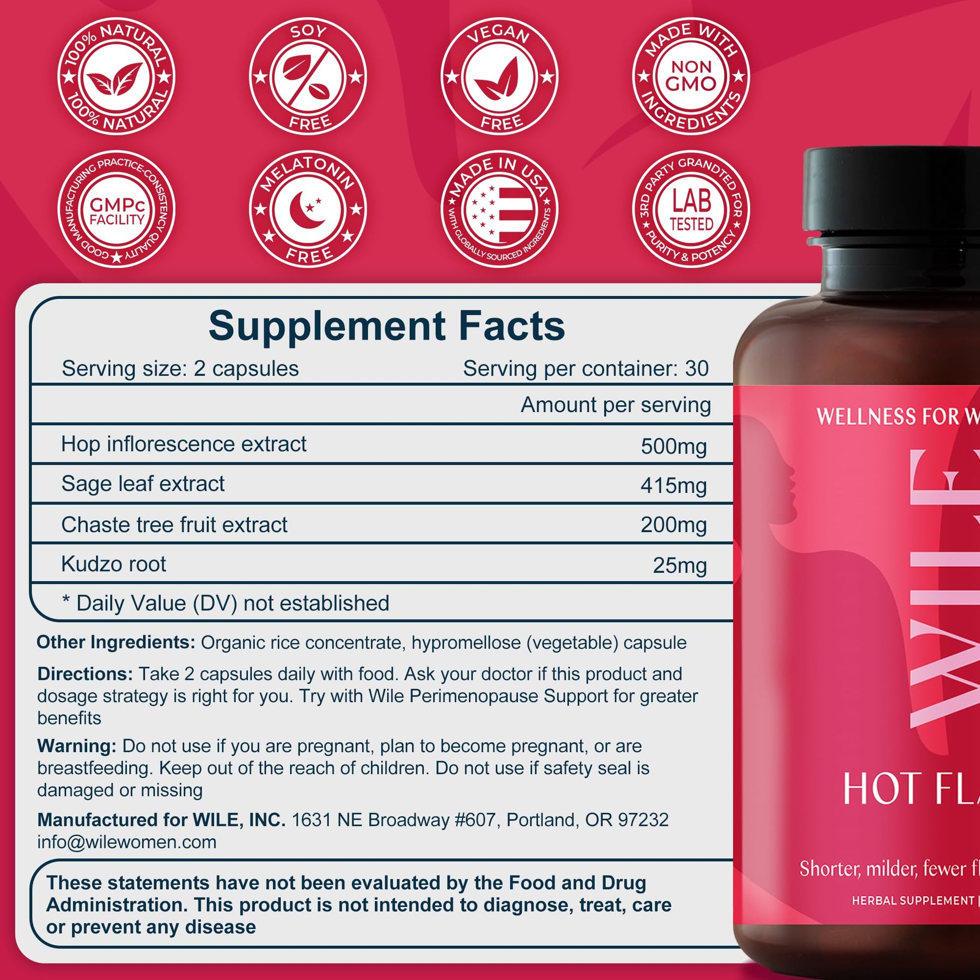 WILE Menopause and Perimenopause Supplements for Women - Hot Flashes and Night Sweats Relief with Kudzu Root - Premenopause Support for Stress, Hot Flash, Hormone Balance & Restful Sleep, 30 Servings WILE uk supplements