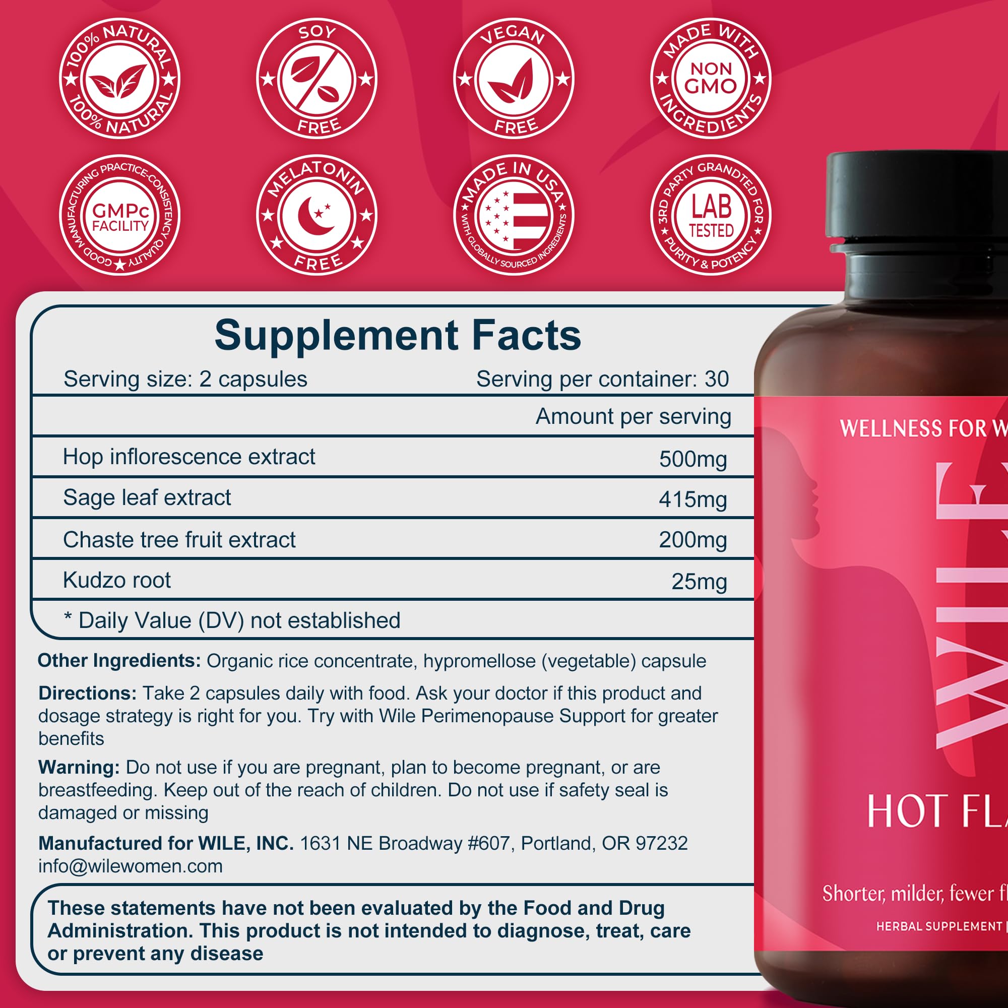 WILE Menopause and Perimenopause Supplements for Women - Hot Flashes and Night Sweats Relief with Kudzu Root - Premenopause Support for Stress, Hot Flash, Hormone Balance & Restful Sleep, 30 Servings WILE uk supplements