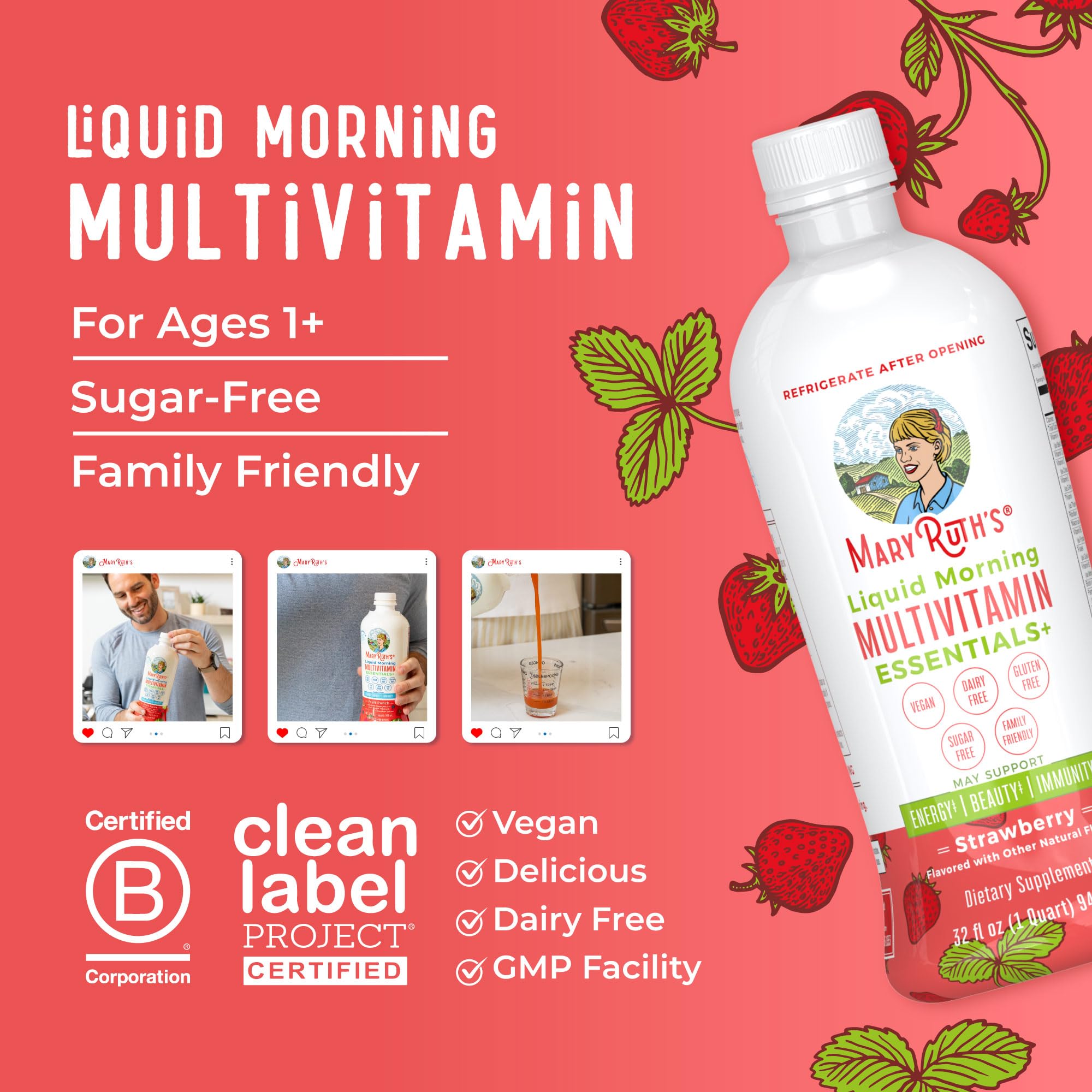 MaryRuth's Liquid Morning Multivitamin Essentials+ | Vitamin A C D E B6 B12 K2 Biotin Zinc | Mens Womens Multivitamin | Immune Support | Beauty | Sugar Free | Vitamins for Ages 1+ | Vegan | 32 Fl Oz MARYRUTH'S uk supplements