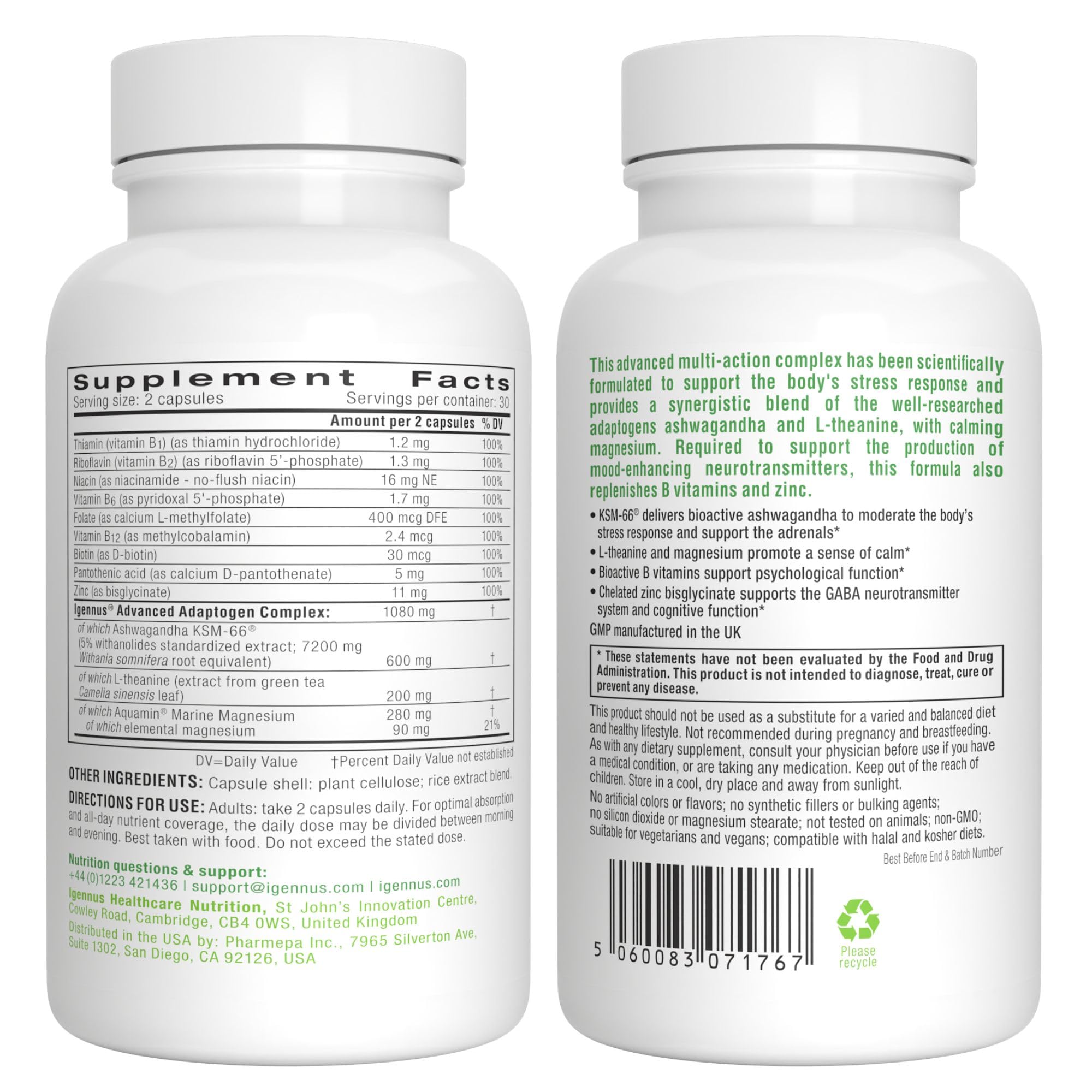 Igennus High Strength Ashwagandha, Magnesium, & L-Theanine Stress Relief Complex, KSM-66 Root Extract Adaptogens, Boosted with Methylfolate, Zinc & Biotin Clean Label, 60 Fast Acting Capsules Igennus Healthcare Nutrition uk supplements