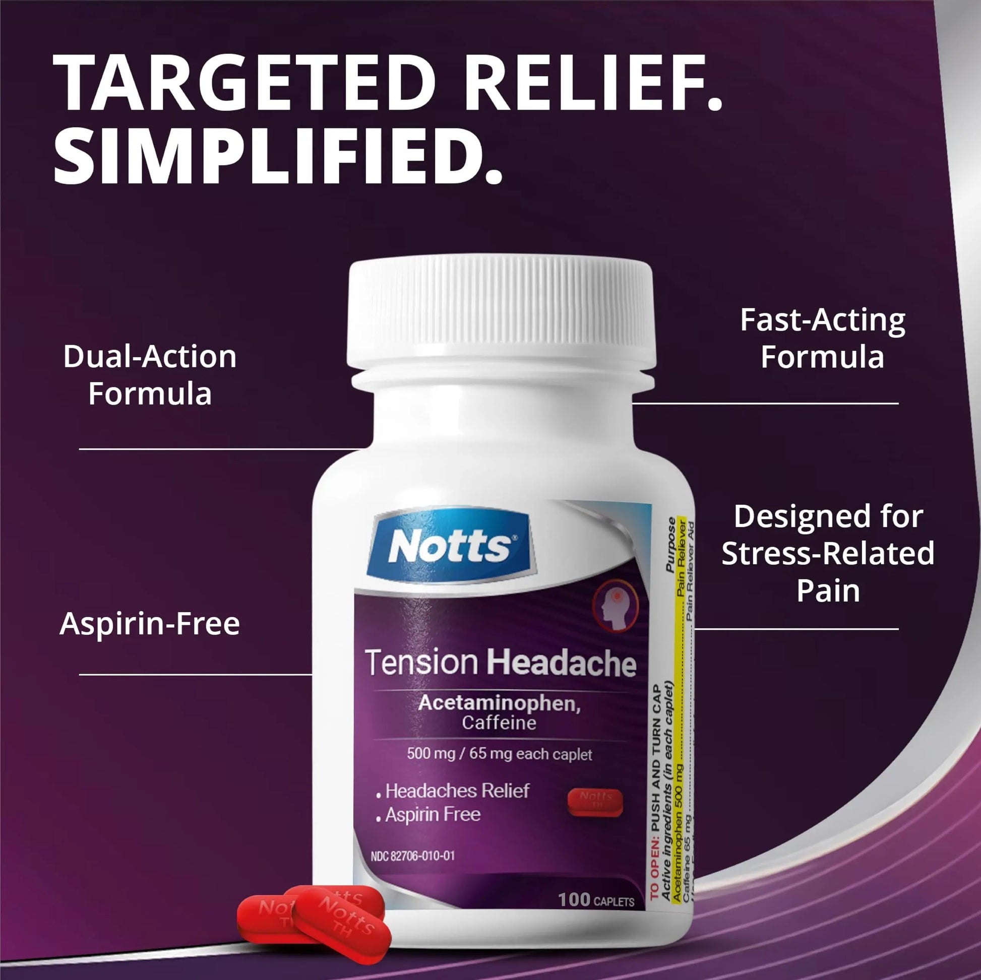 NOTTS Tension Headache Relief Without Aspirin for Head, Neck & Shoulder Pain - 100 Count, Acetaminophen 500 mg Caffeine 65 mg Caplets, for Aches Caused by Tension and Stress. Headache Relief caplets NOTTS uk supplements