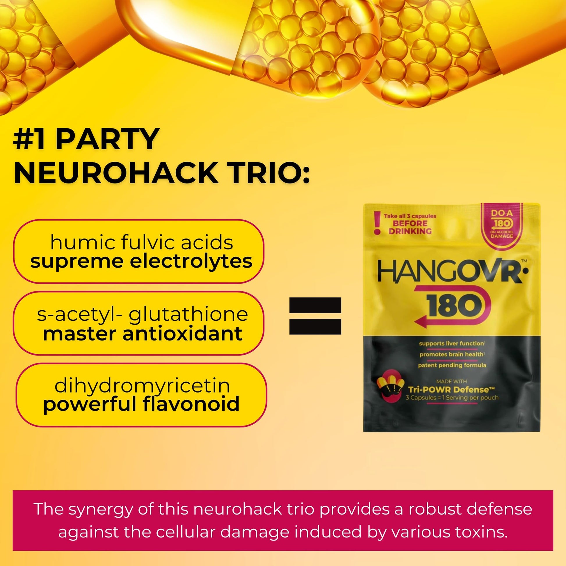 Hangovr 180 Tri-Power Before Drinking Defense 4 Pack - Support Liver & Brain Health, Feel Fresher & Better Energy - - Take Before Drinking for Relief, 3 Capsules per Pouch HANGOVR-180 uk supplements