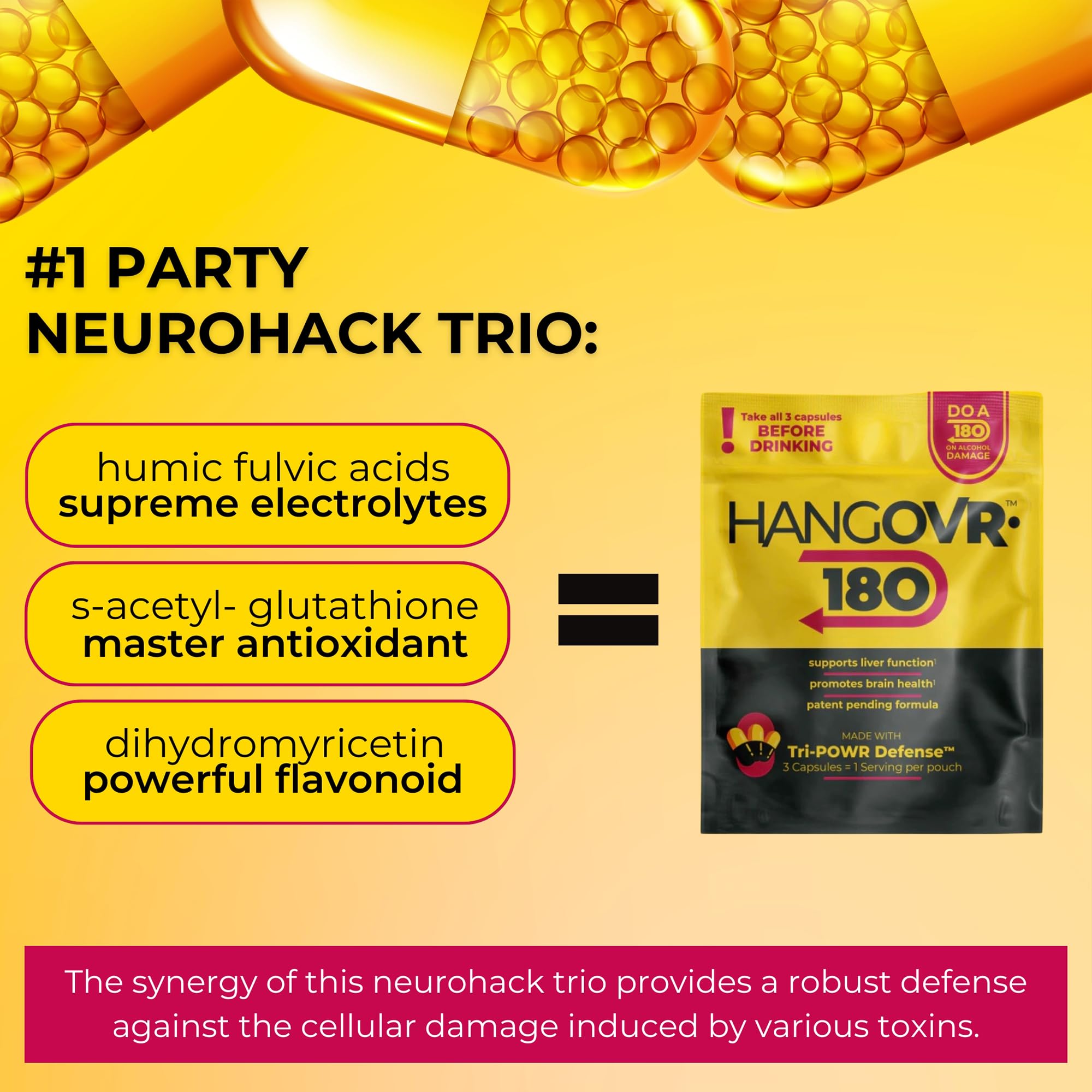 Hangovr 180 Tri-Power Before Drinking Defense 4 Pack - Support Liver & Brain Health, Feel Fresher & Better Energy - - Take Before Drinking for Relief, 3 Capsules per Pouch HANGOVR-180 uk supplements