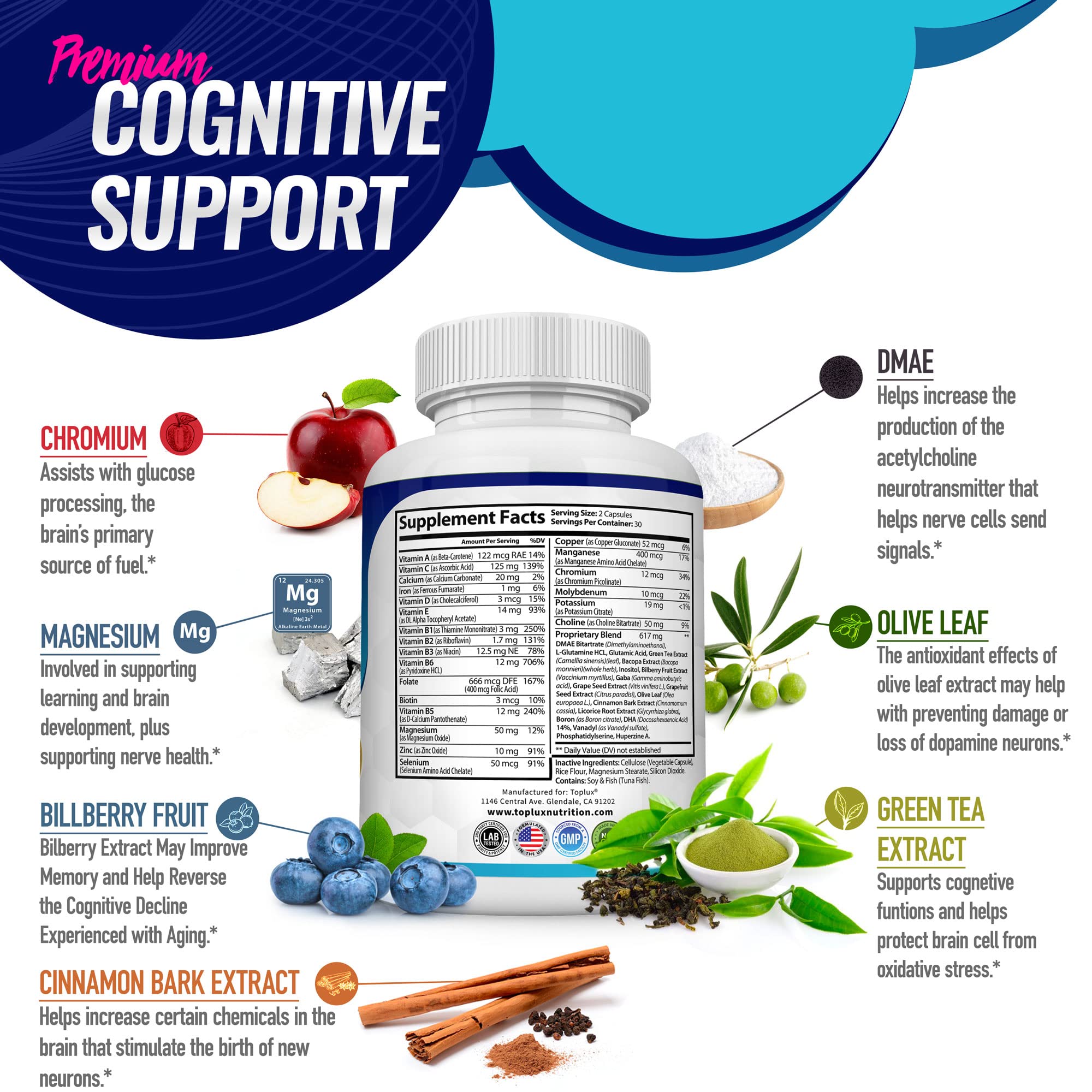 Toplux Brain Supplement Nootropic – Brain Pills Vitamin with DMAE, Bacopa Monnieri, L-Gutamine, for Men Women, 60 Capsules, Nutrition Toplux uk supplements