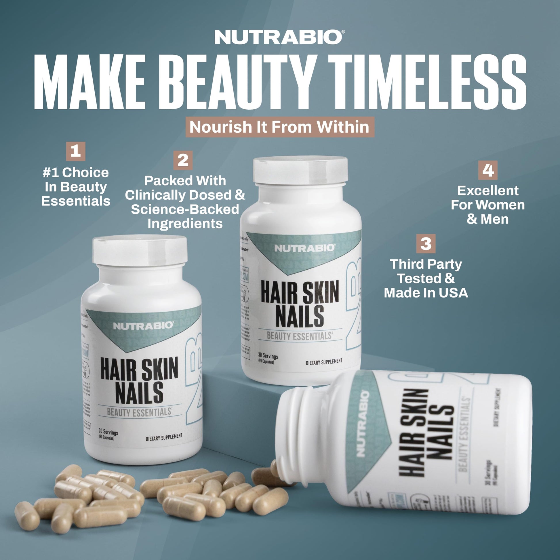 NutraBio Hair Skin Nails Vitamins | Enhanced Collagen Support | Skin Hydration | Hair Growth Vitamins for Women with Biotin, Keratin, Hyaluronic Acid & More - 90 Capsules NutraBio uk supplements