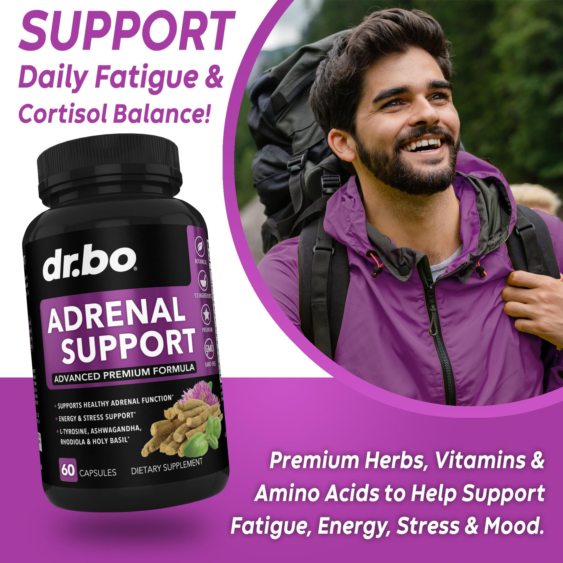 Adrenal Support Cortisol Manager Supplement - Adrenal Fatigue Supplements for Women & Men with Natural Adaptogen Ashwagandha Holy Basil Rhodiola L Tyrosine Complex Fatigue Cortisol Health - 60 Pills DR. BO uk supplements