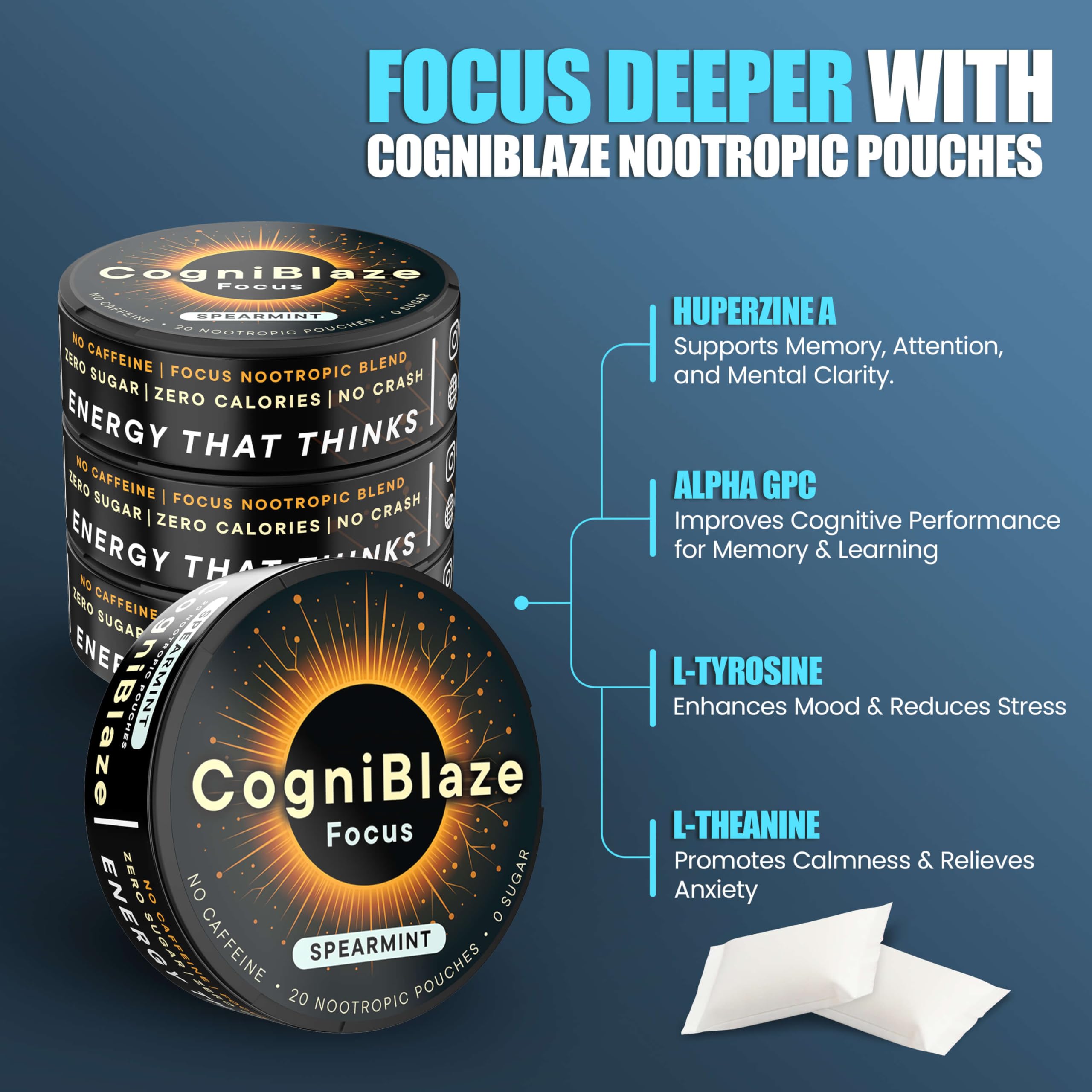 CogniBlaze Nootropic Pouches Caffeine Free (Spearmint) | 80 Focus Pouches for Clarity | 4 Pack (20 Per Can) | Mental Energy Pouches | 25mcg Huperzine A per Nootropic Pouch | Zero Calories CogniBlaze uk supplements