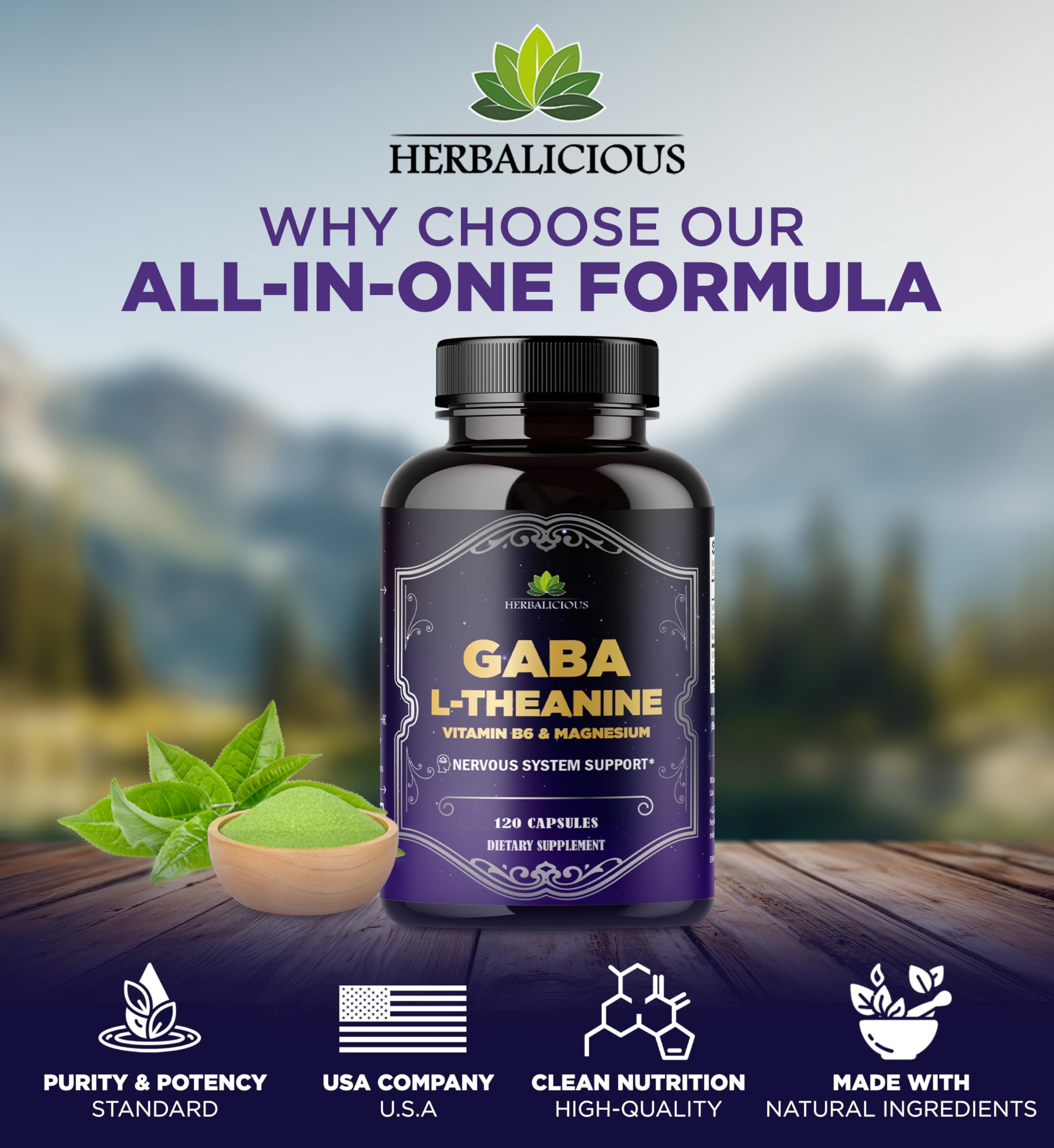 HERBALICIOUS GABA L-Theanine with Magnesium – Calm & Focus Support, Stress Relief, Relaxation + Mood Balance, Brain & Memory Support Supplement – Vitamin B6 + B12 Complex – 120 Capsules HERBALICIOUS uk supplements