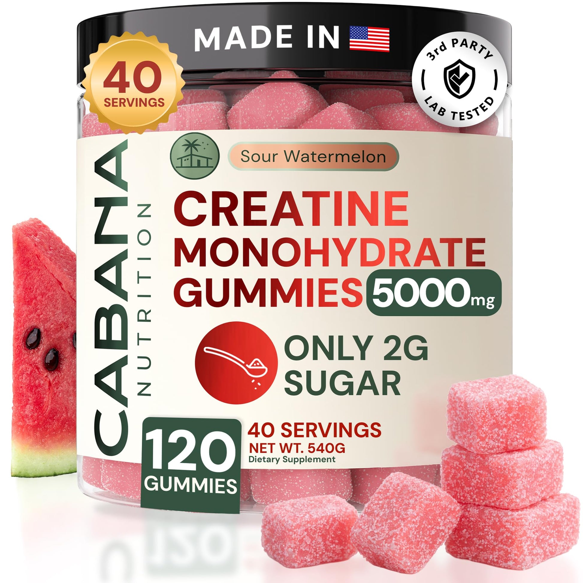Creatine Monohydrate Gummies 5g - Only 2g Sugar, Made in USA - Sour Watermelon Flavor - Vegan & 3rd Party Tested - Pre & Post Workout Supplement for Women and Men (120 Count, 40 Servings) Cabana Nutrition uk supplements