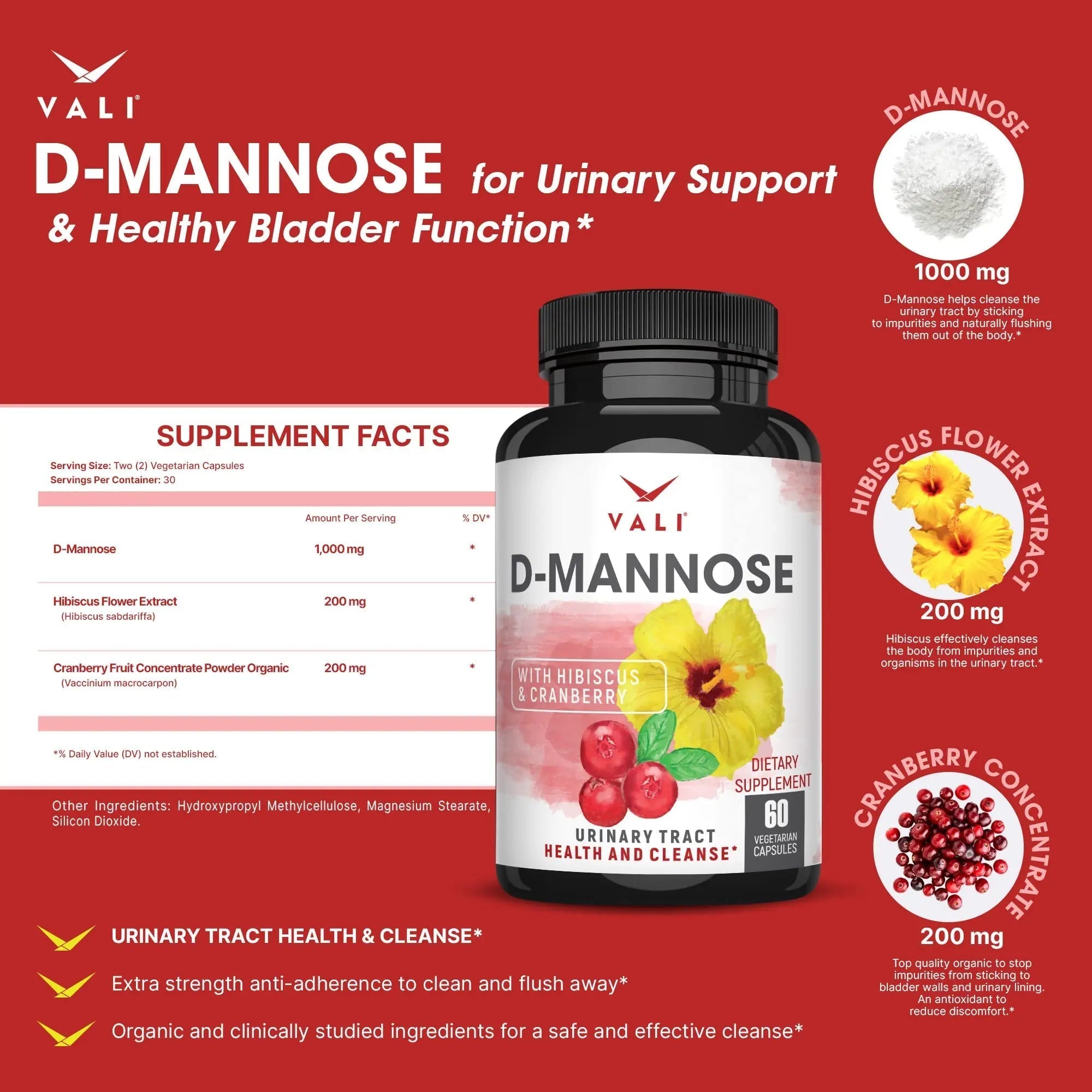 VALI D-Mannose 1000mg Urinary Tract Health Formula. Organic Cranberry Fruit Powder & Hibiscus. Healthy Bladder, Natural Cleanse, Fast Detox Flush, Herbal UT Function Support Pills. 60 Veggie Capsules VALI uk supplements