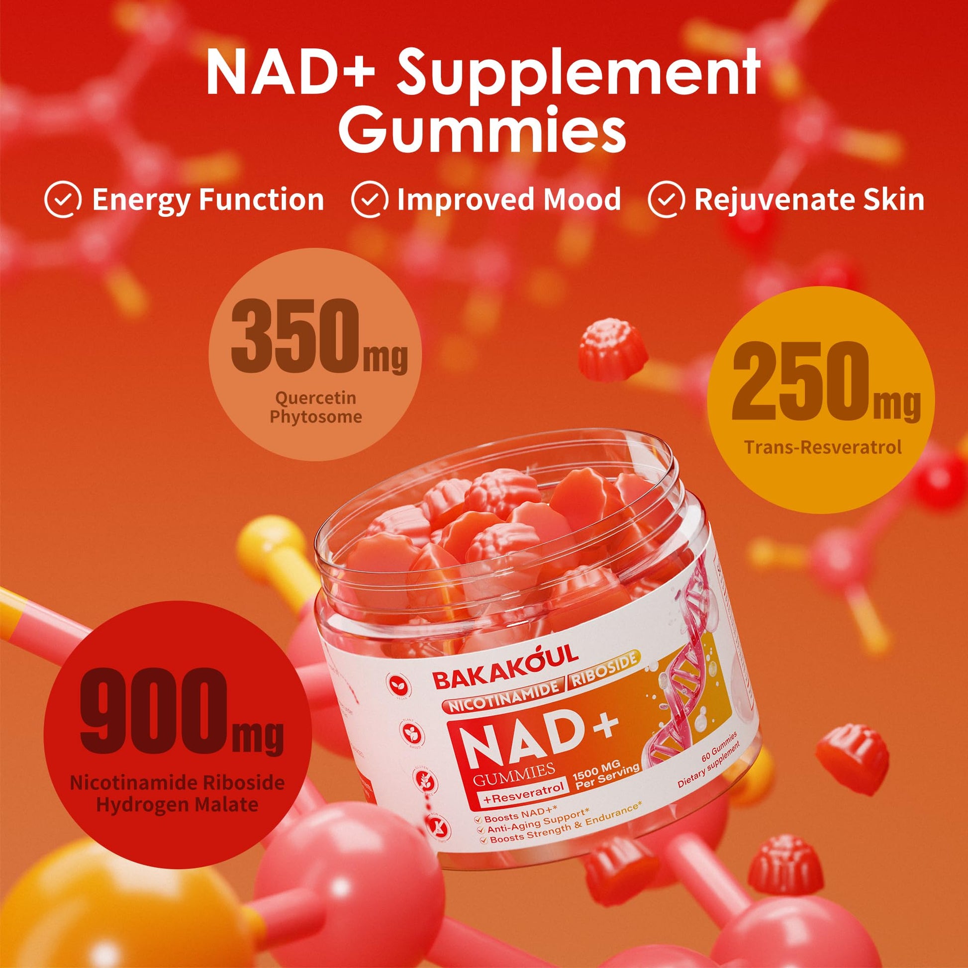 BAKAKOUL NAD Gummies, NAD Supplement - Liposomal Nicotinamide Riboside, Resveratrol, Quercetin, NAD Nicotinamide Riboside Resveratrol 900mg, NAD+ Supplement for Men and Women, 60 Gummies 1 Pack BAKAKOUL uk supplements