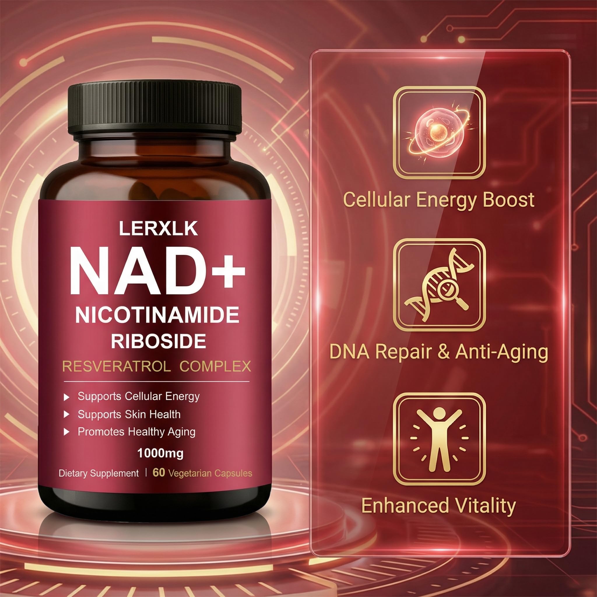 LERXLK NAD+ Supplement 1000mg – Liposomal Nicotinamide Riboside with Resveratrol, Advanced Cellular Energy & Healthy Aging Support, 60 Vegetarian Capsules LERXLK uk supplements