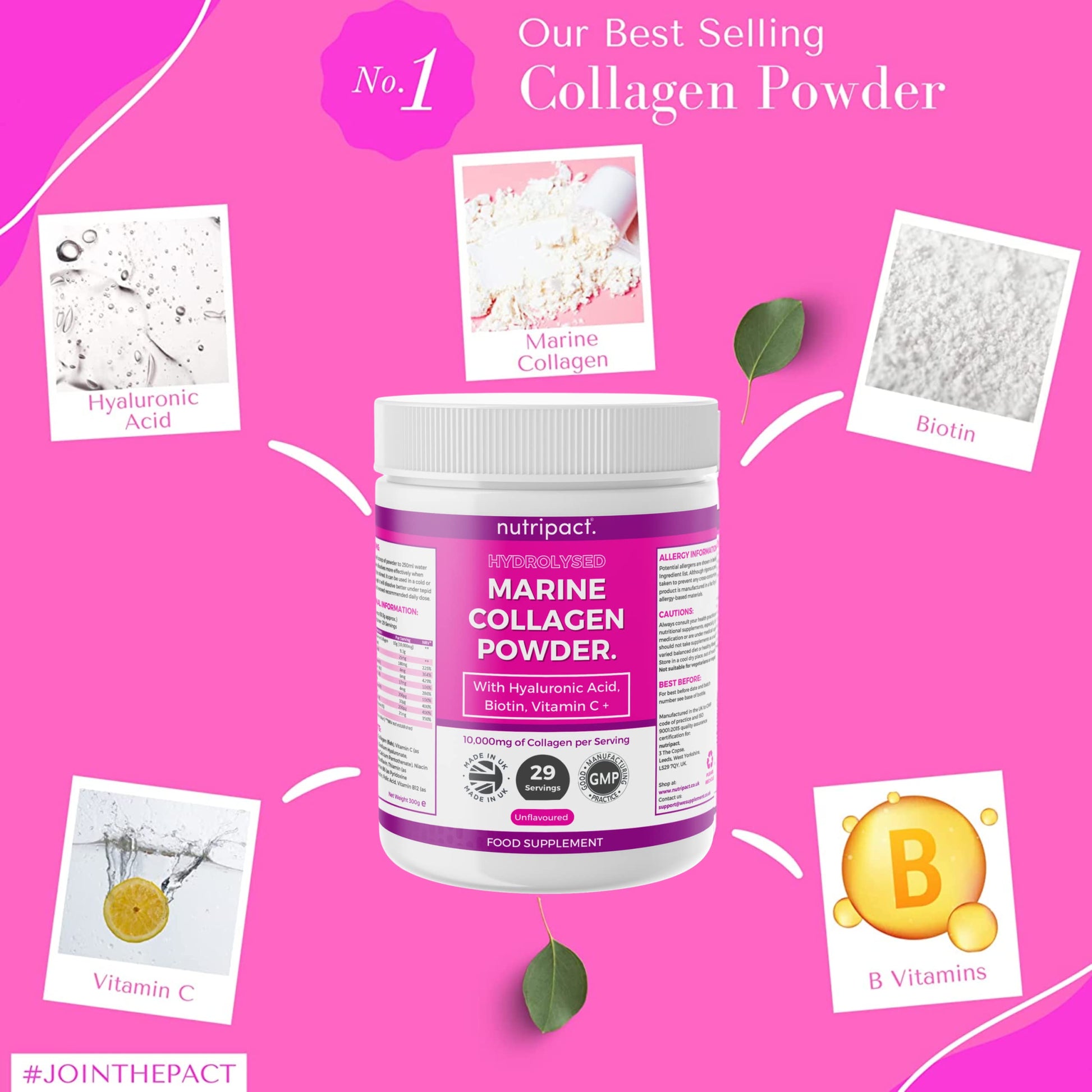 Hydrolysed Marine Collagen Peptides Powder with Hyaluronic Acid, Biotin, Vitamin C & B Vitamins – 10,000mg Collagen nutripact uk supplements
