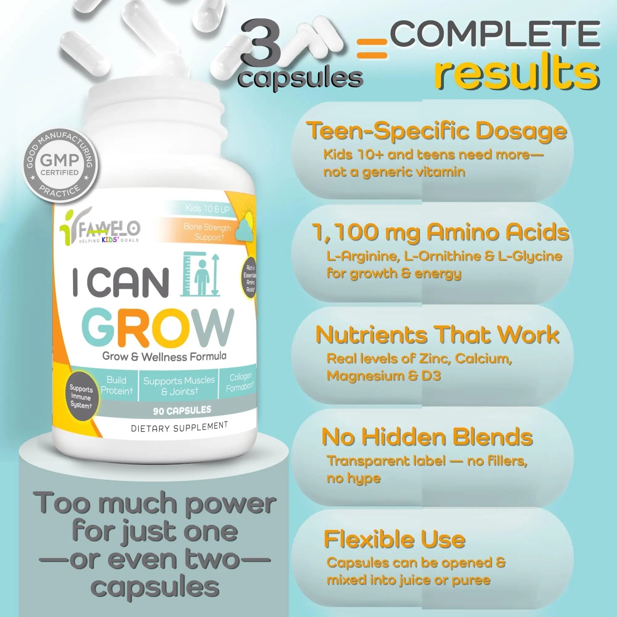 Fawelo I Can Grow Day-Time for Kids 10+ & Teens | Growth & Development Support with L-Arginine, Colostrum, Calcium, D3, Magnesium, Zinc | Fawelo uk supplements