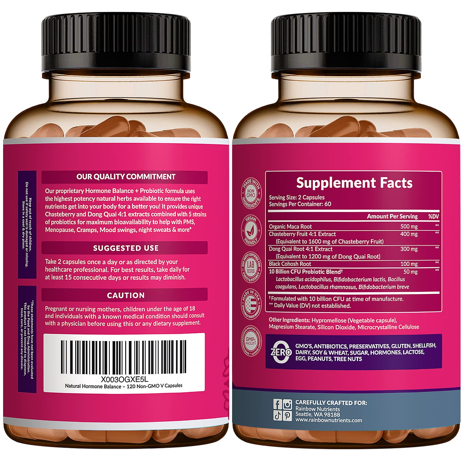 Hormone Balance + Probiotics for Women- Natural Menopause Relief, Weight Management, Bloating, Hot Flashes, PMS | Organic Maca, Chasteberry, Dong Quai & Black Cohosh | Non GMO |120 V Capsules Rainbow Nutrients, LLC uk supplements