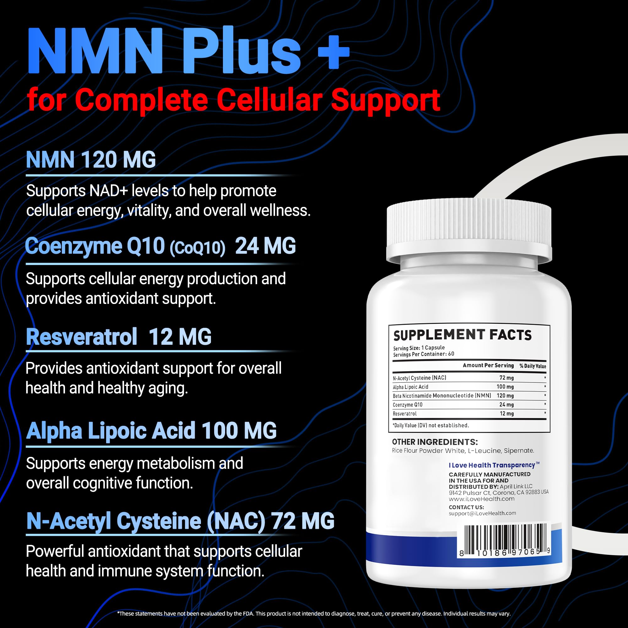 I LOVE HEALTH NMN Supplement, 5-in-1 Complex with NAC, Alpha Lipoic Acid, CoQ10 & Resveratrol - High Absorption Anti Aging Formula - Third Party Tested, cGMP, Gluten Free - 60 Capsules I LOVE HEALTH uk supplements