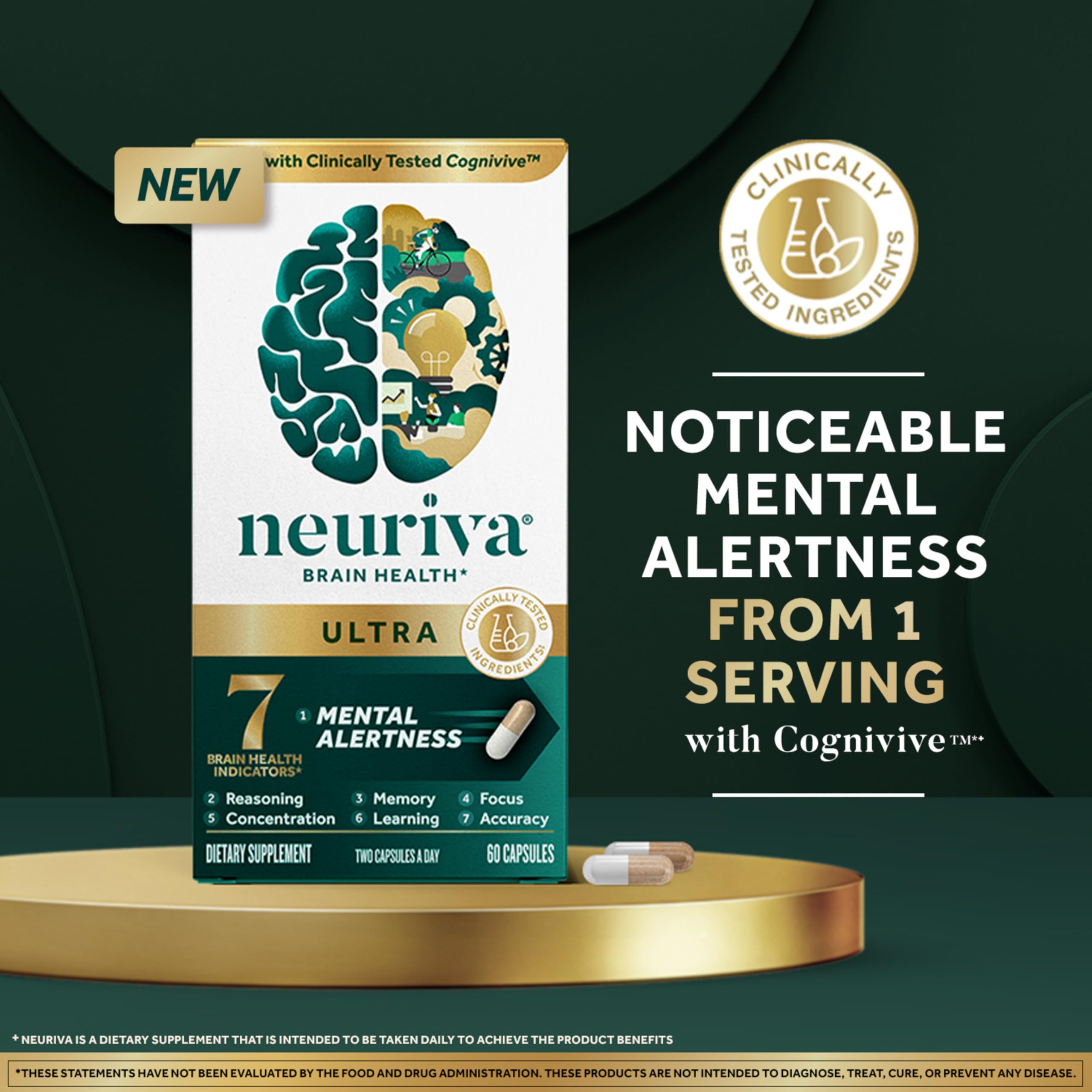 NEURIVA Ultra Decaffeinated Clinically Tested Nootropic Brain Supplement for Mental Alertness, Memory, Focus & Concentration, Cognivive, Neurofactor, Phosphatidylserine, Vitamins B6 B12, 60 Capsules NEURIVA uk supplements