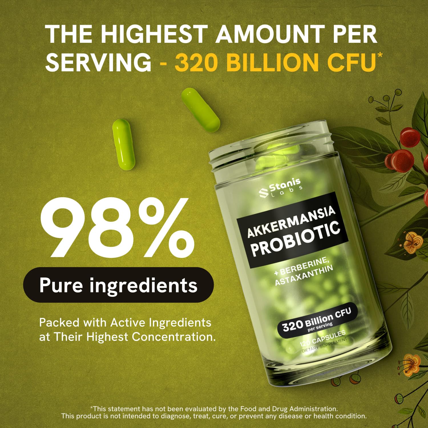 Akkermansia Muciniphila Probiotics 320 Billion CFU| Probiotic and Prebiotic | Akkermansia Probiotics for gut health | Inulin Prebiotic Fiber Capsules Astaxanthin & Berberine & Chromium | 120 capsules Stanis Labs uk supplements