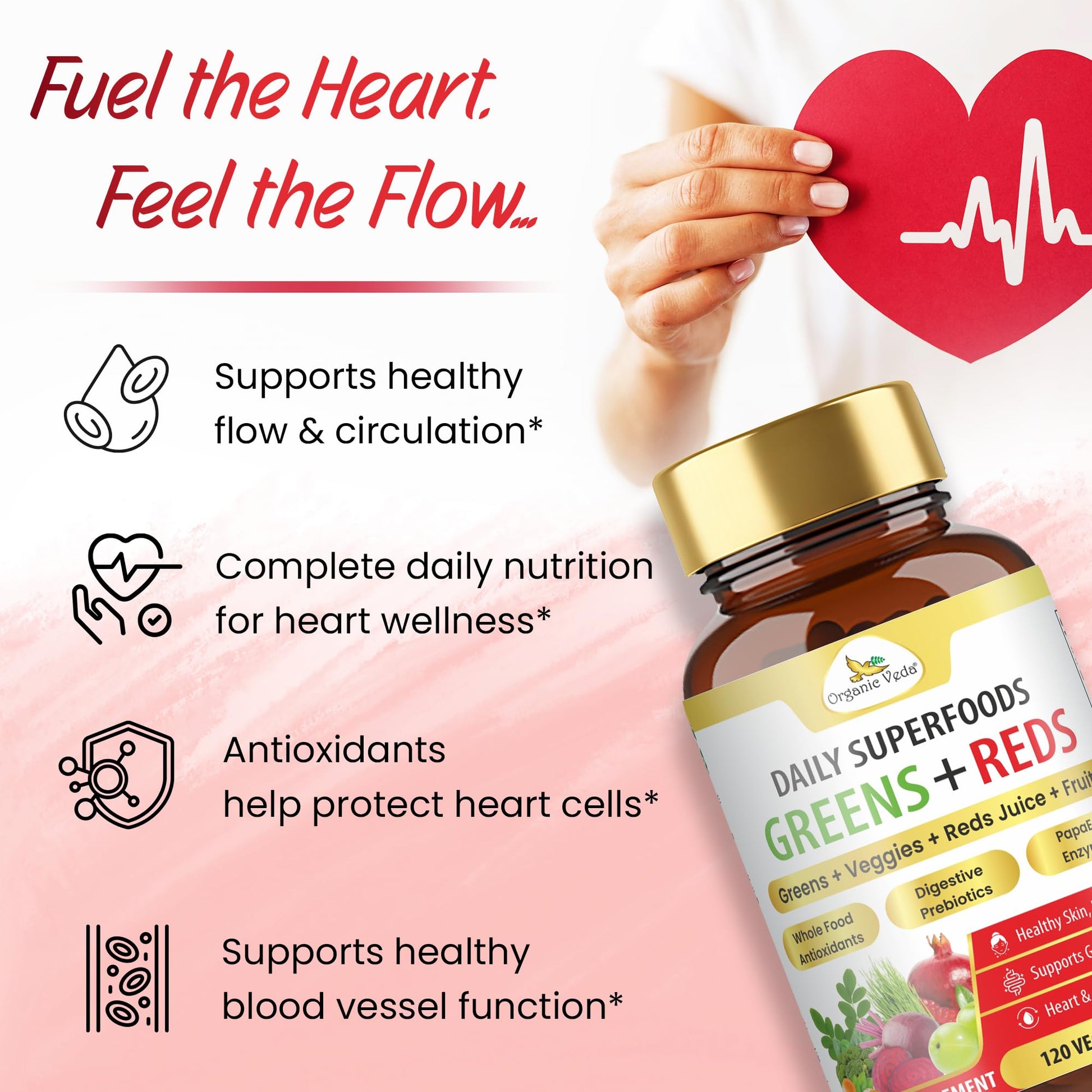 Organic Veda Super Greens & Reds Capsules - Organic Superfoods, Daily Greens, Red Juice, Fruits & Vegetables Supplement - Papaya Enzymes, Digestive Herbs, Bromelain, Antioxidants - 120 Veggie Capsules Organic Veda uk supplements
