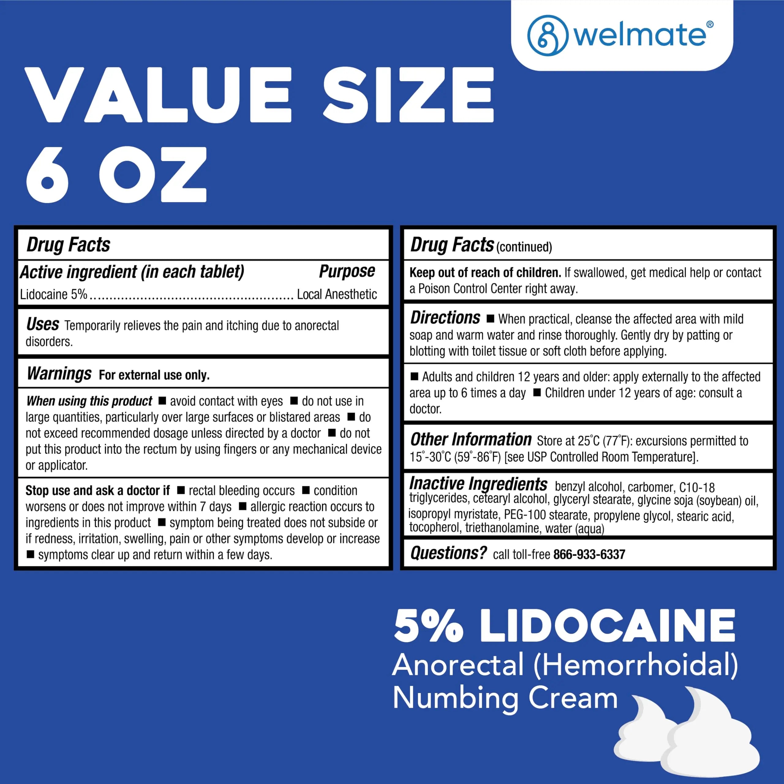WELMATE 5% Lidocaine Cream for Hemorrhoids, 6 oz Jar – Fast-Acting Lidocaine Numbing Cream & Topical Analgesic Cream for Anorectal Itch Relief WELMATE uk supplements