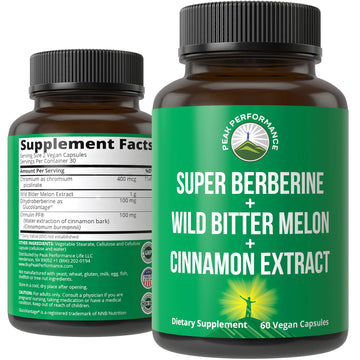 Ultra High Strength 4-in-1 Super Berberine Patented GlucoVantage + Wild Bitter Melon + Cinnamon Extract + Chromium Picolinate Vegan Capsules. Great Supplement to Support After-Meal Spikes and Energy Peak Performance uk supplements