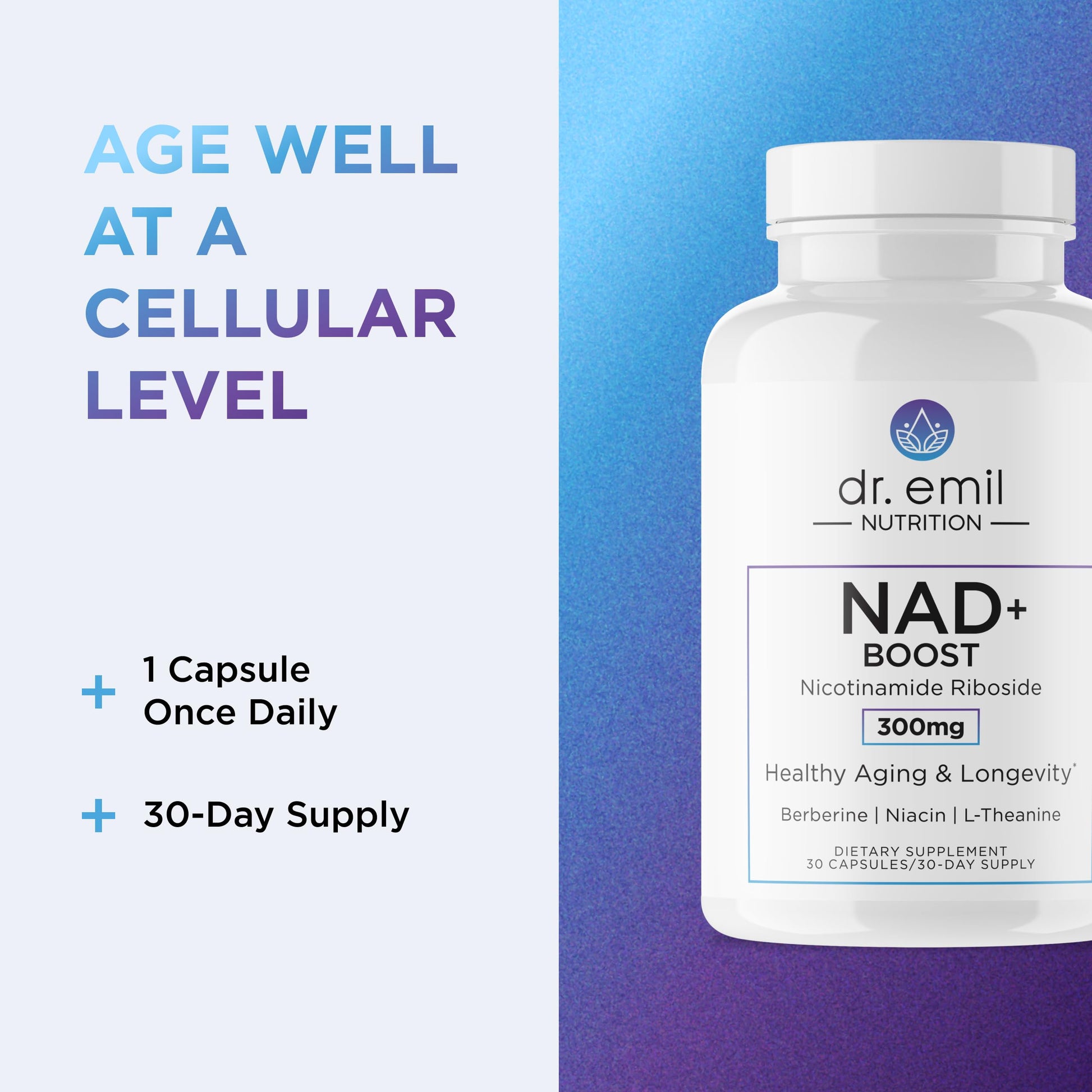 DR. EMIL NUTRITION NAD+ Boost - Nicotinamide Riboside Supplement for Longevity, Healthy Aging & Cellular Regeneration - NAD Supplement with with Berberine, L-Theanine & Niacin - 30-Day Supply DR. EMIL NUTRITION uk supplements