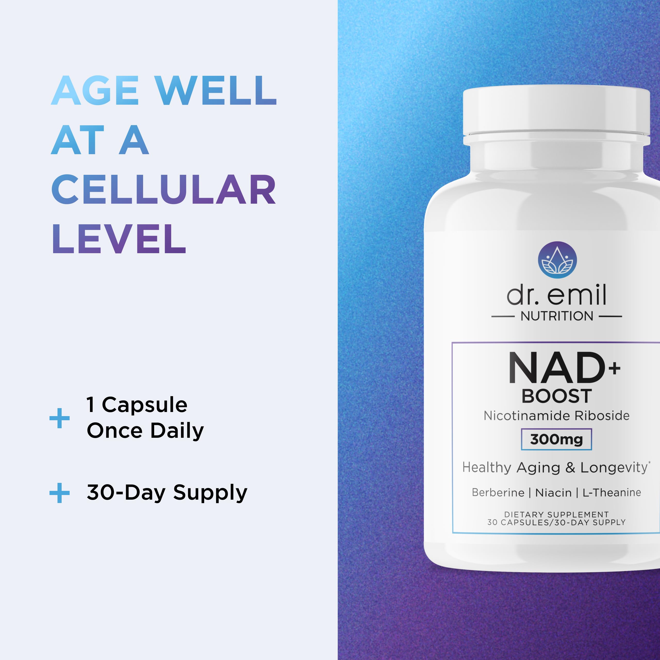 DR. EMIL NUTRITION NAD+ Boost - Nicotinamide Riboside Supplement for Longevity, Healthy Aging & Cellular Regeneration - NAD Supplement with with Berberine, L-Theanine & Niacin - 30-Day Supply DR. EMIL NUTRITION uk supplements