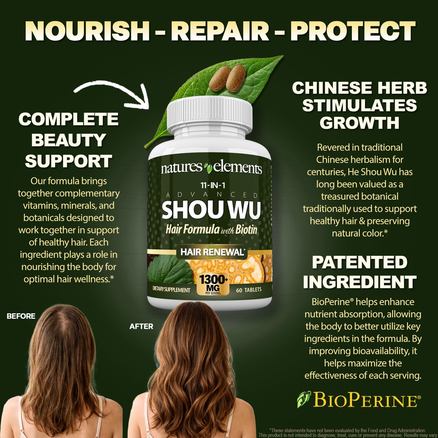Natures Elements Advanced Shou Wu for Gray Hair – Prepared He Shou Wu for Hair Growth with Biotin, Bioperine, Fo-Ti Root & More – 100% Natural – 60 Tablets – Non-GMO, Gluten-Free Natures Elements uk supplements