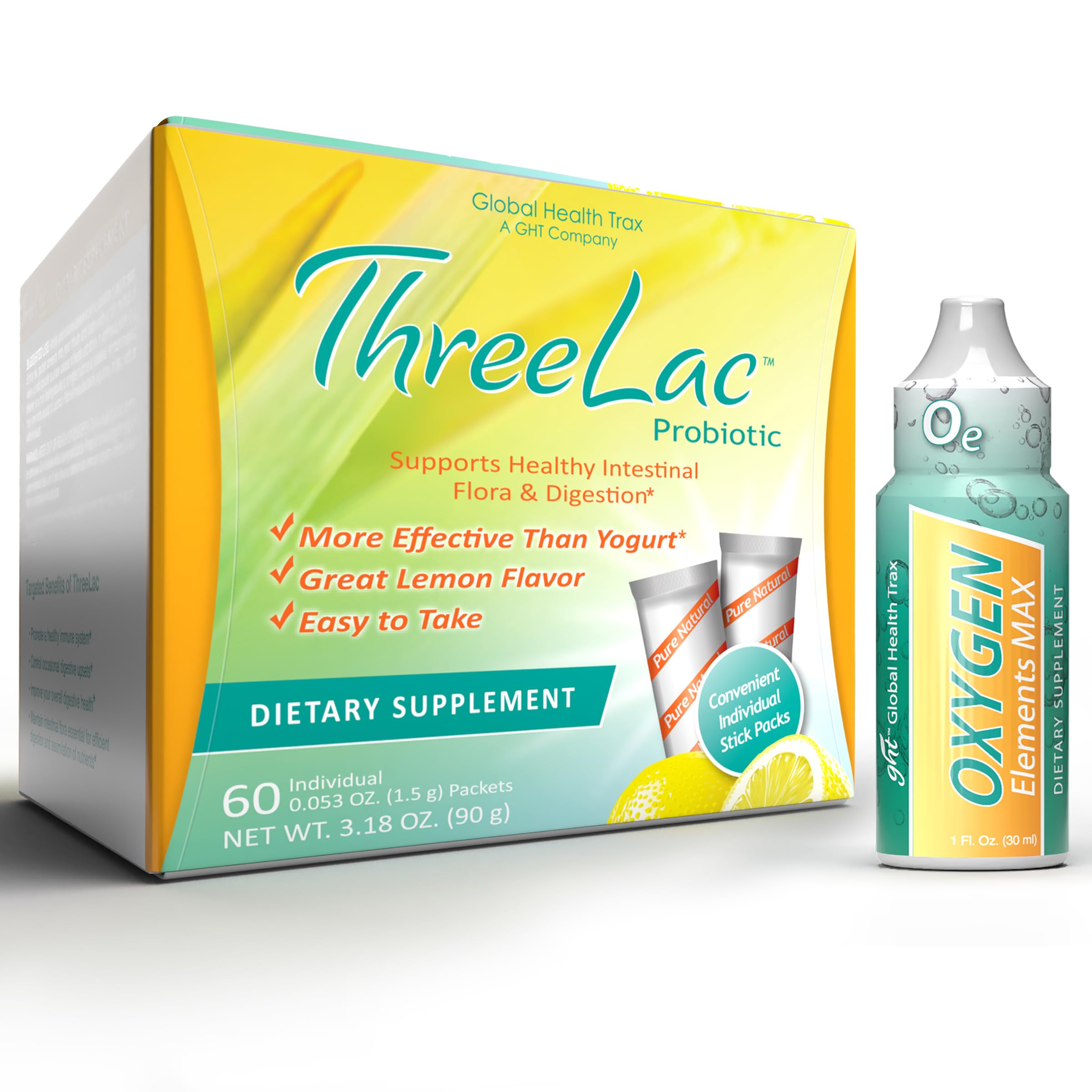 Global Health Trax Ultimate Gut & Oxygen Duo: ThreeLac Lemon Probiotic Powder (60 Packets) & Oxygen Elements Max Drops (1oz) - Digestive Support & Cellular Vitality ght Global Health Trax uk supplements